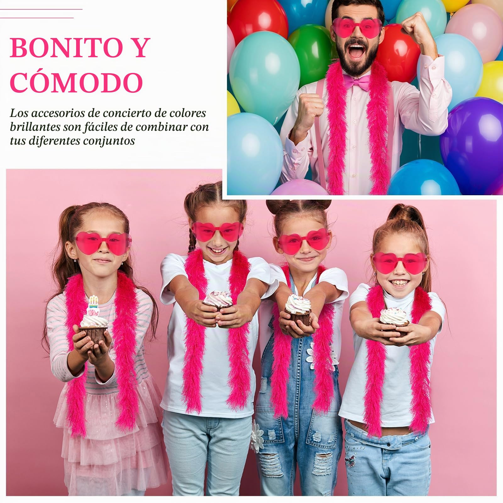 Sinmoe 16 Piezas Set de Boas de Plumas de 150 cm y Gafas de Sol en Forma de Corazón Accesorios de Fiesta para Suministros Bodas Disfraces Baile Cosplay Carnaval