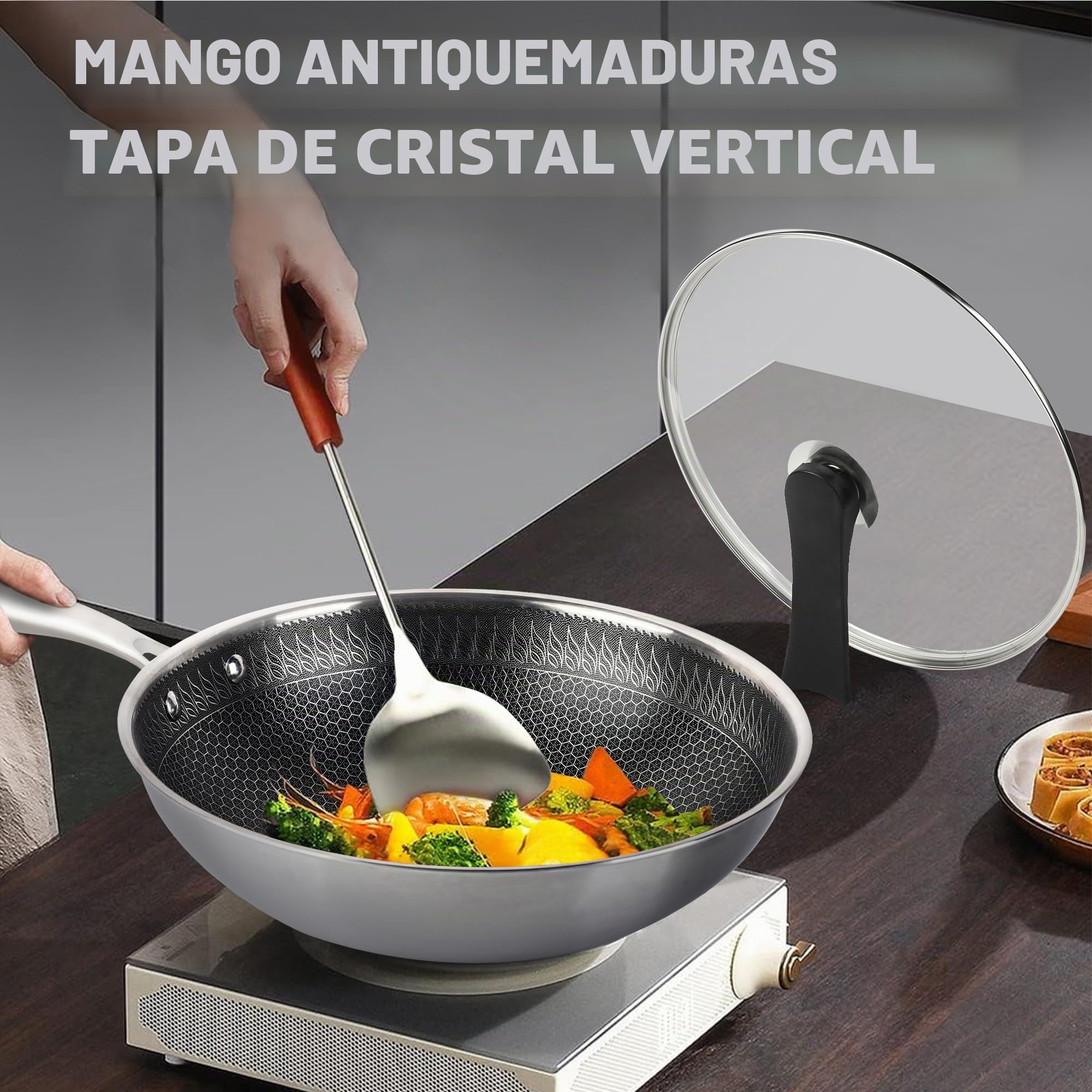 RIOVARM 32cm Wok de acero inoxidable con Tapa, Antiadherente Fondo Plano Sartén Wok, Tri-Ply Estructura de nido de abeja, Apta para lavavajillas Resistente al horno, Inducción, Gas, Sin PFOA ni PTFE