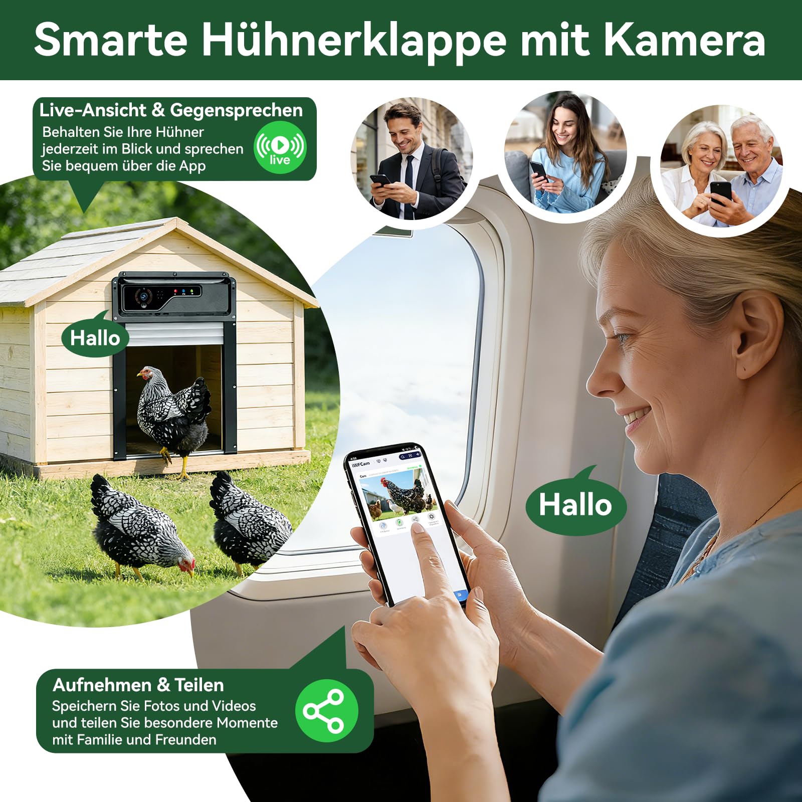 Automatische Hühnerklappe Solar, Hühnerklappe Automatisch mit WLAN-App-Steuerung