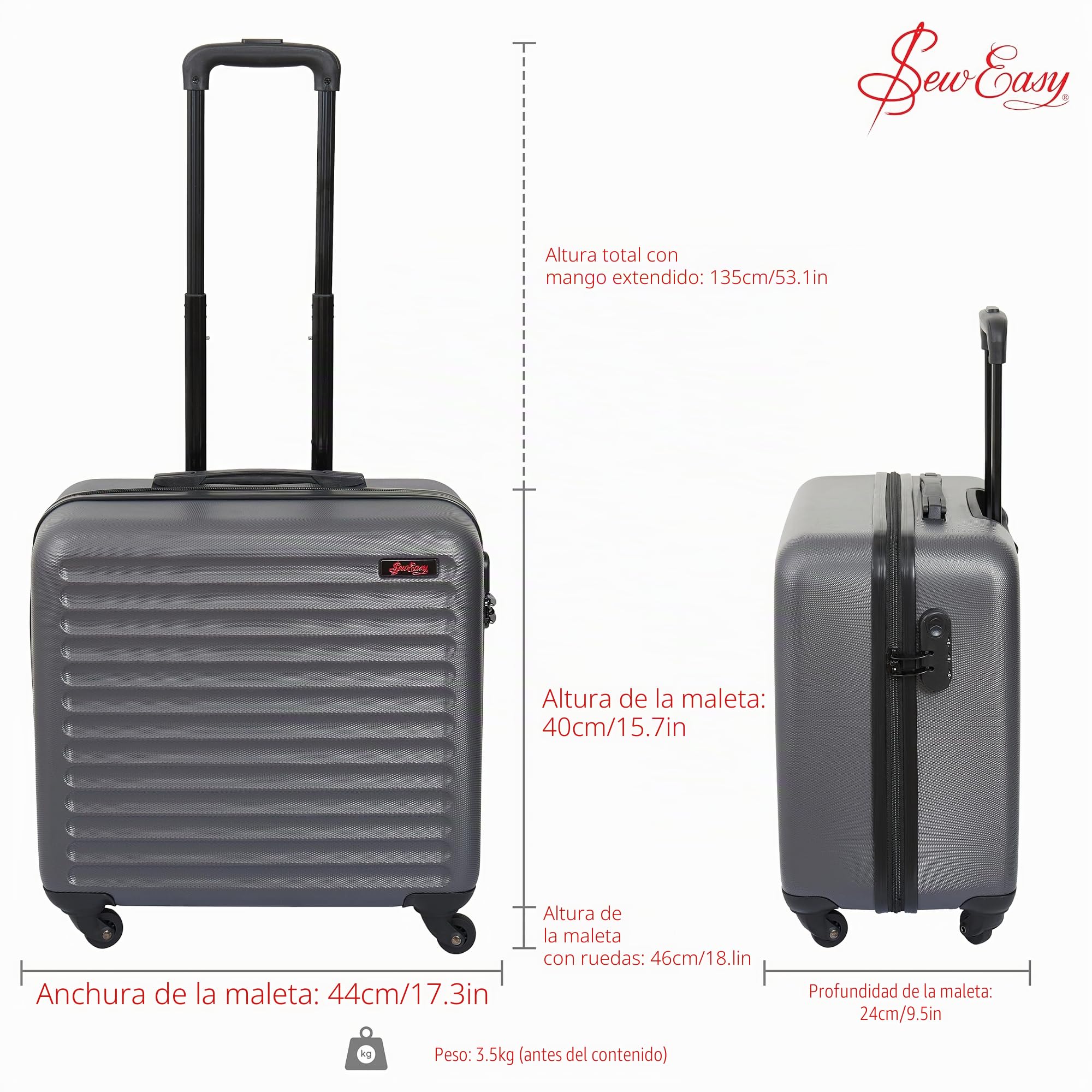 Sew Easy Carro para máquina de coser – Maletín rodante para máquina de coser con 4 ruedas, funda de transporte acolchada con cerradura para máquinas de coser, metallic silver, 24 x 44 x 46cm, Estándar