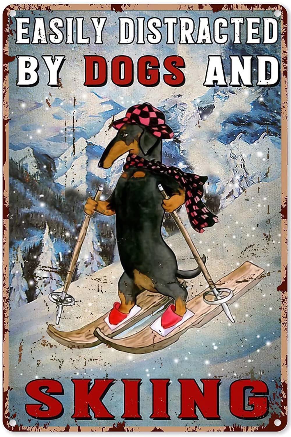 Tin Sign Dachshund Skiing Nostalgic Tin Signs Funny Poster Art Wall Decor for Pub Bar Vintage Wall Stickers 8x12 Inch