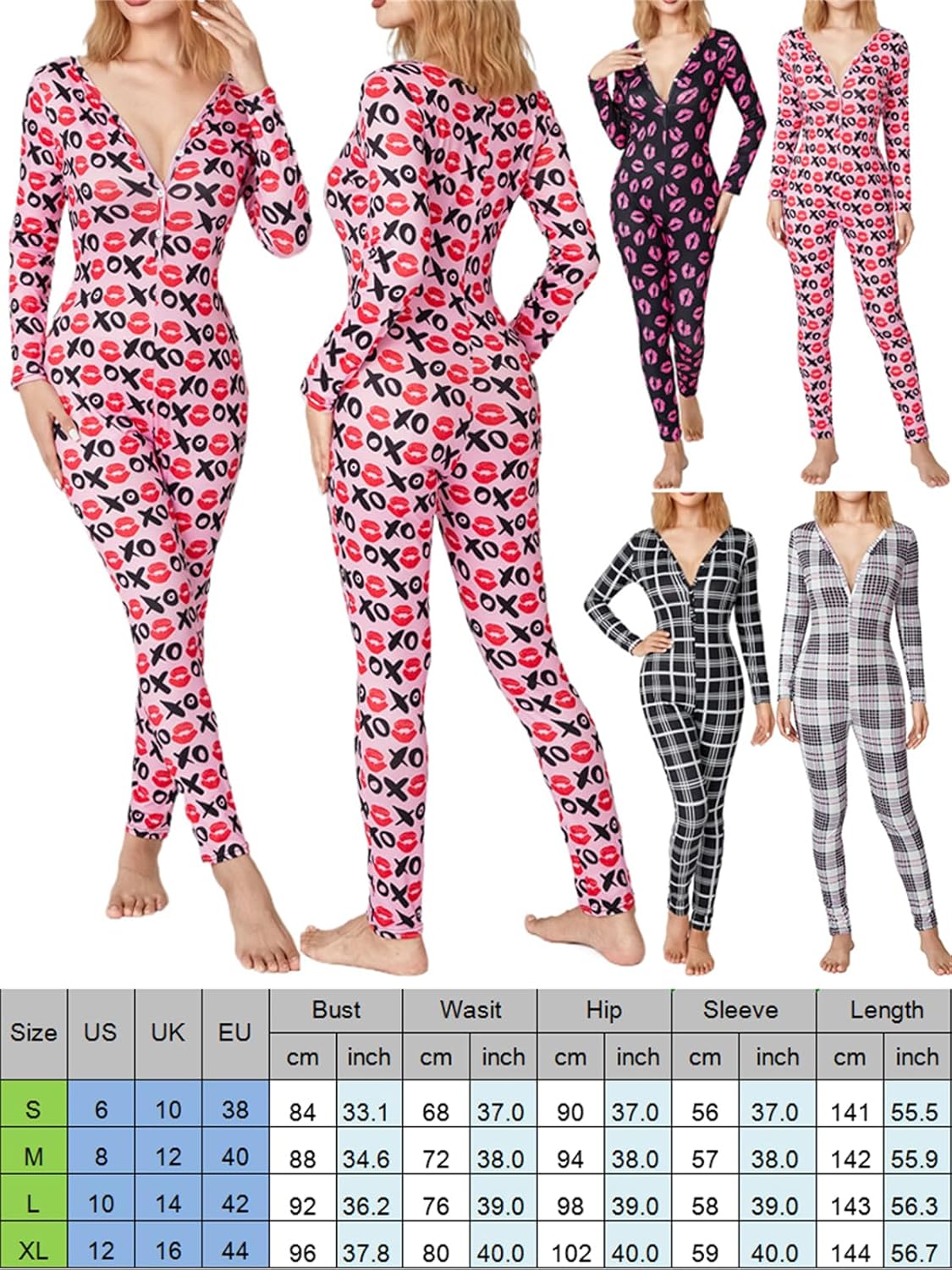 Women Sexy Bodycon Onesie Pajama Heart Print Long Sleeve Button V Neck Jumpsuit One Piece Romper Valentines Sleepwear - Image 7
