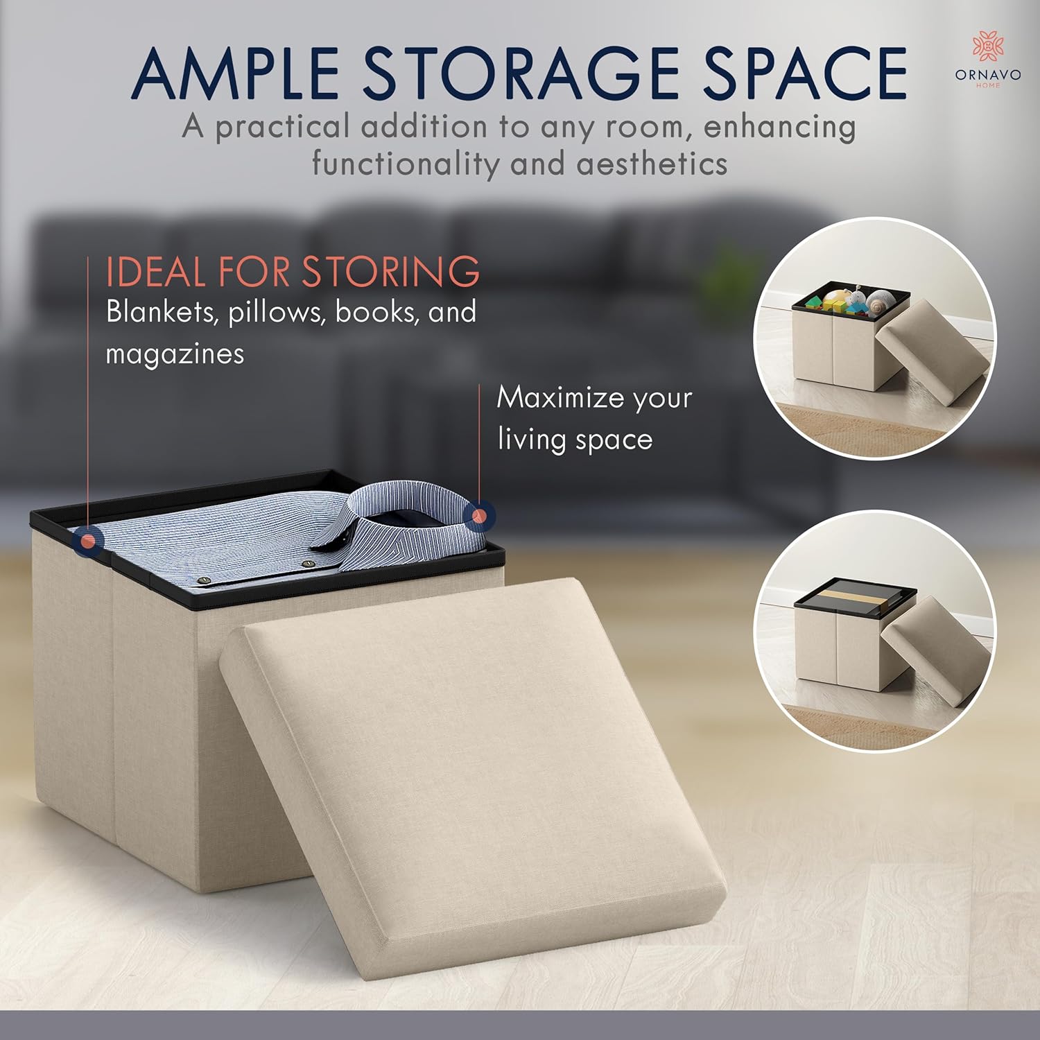 Ornavo Home Small Storage Ottoman Foldable Collapsible Cube Square Linen Ottoman Foot Rest Stool Seat, for Living Room, Bedroom, Home Office, Dorm - 12 x 12 x 12, Beige - Image 3