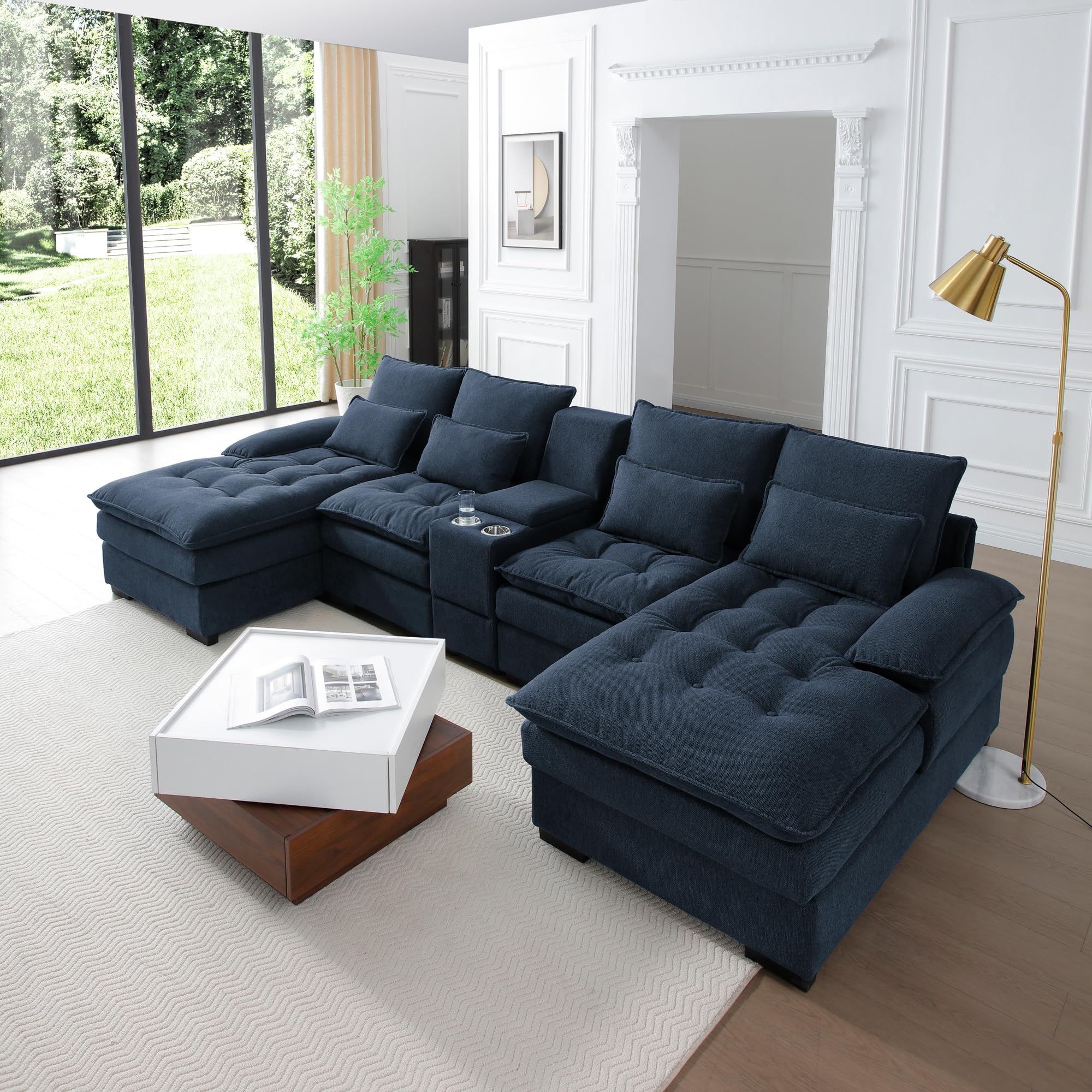 KEIKI 130" U-Shaped Sofa with Storage Console, Cup Holders, Upholstered 6 Seat Sectional Sofa Button Tufted Cloud Cushion Couch for Home, Office, Apartment, Blue