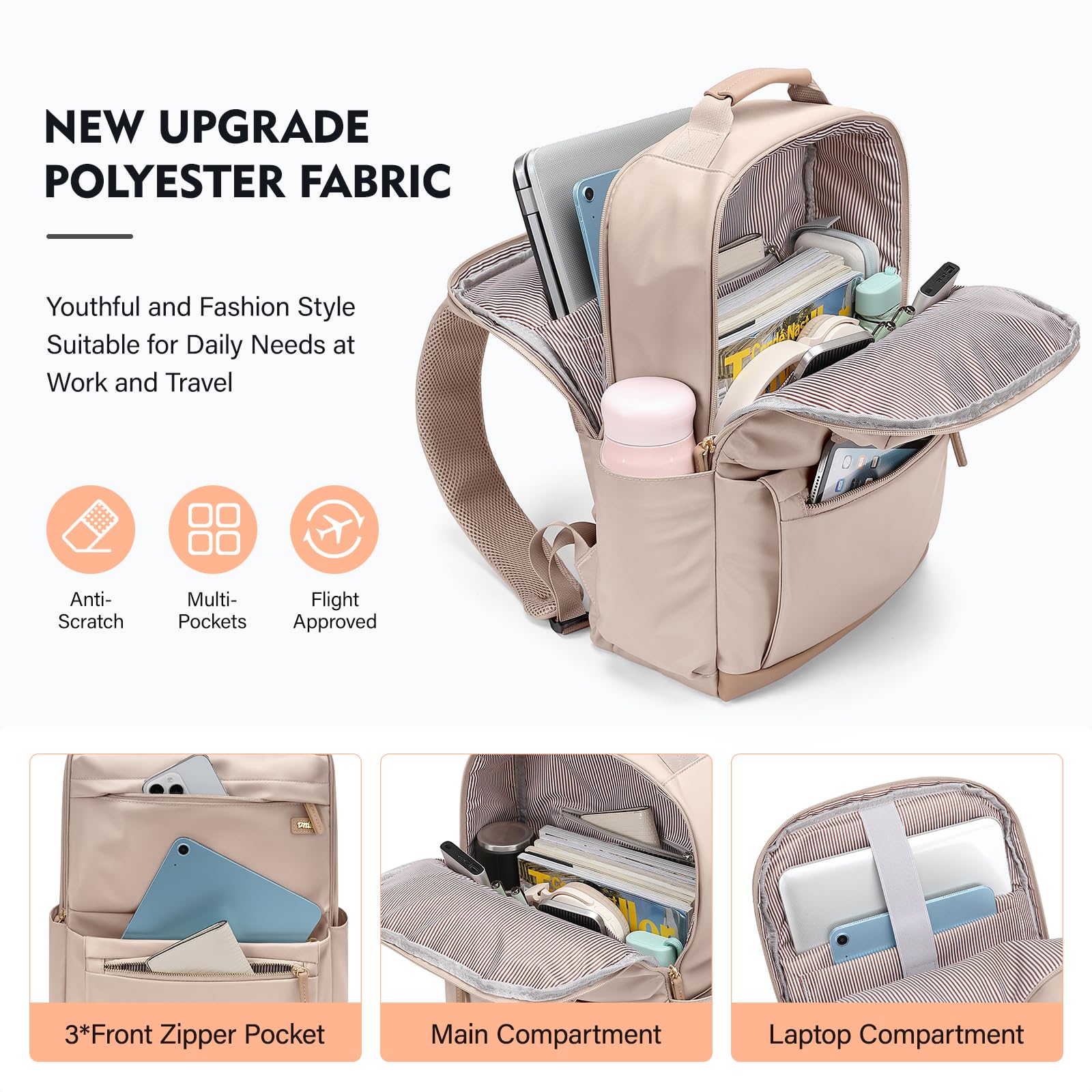 Mochila para laptop Bolsa de trabajo, Beige, Grande, Moda 2