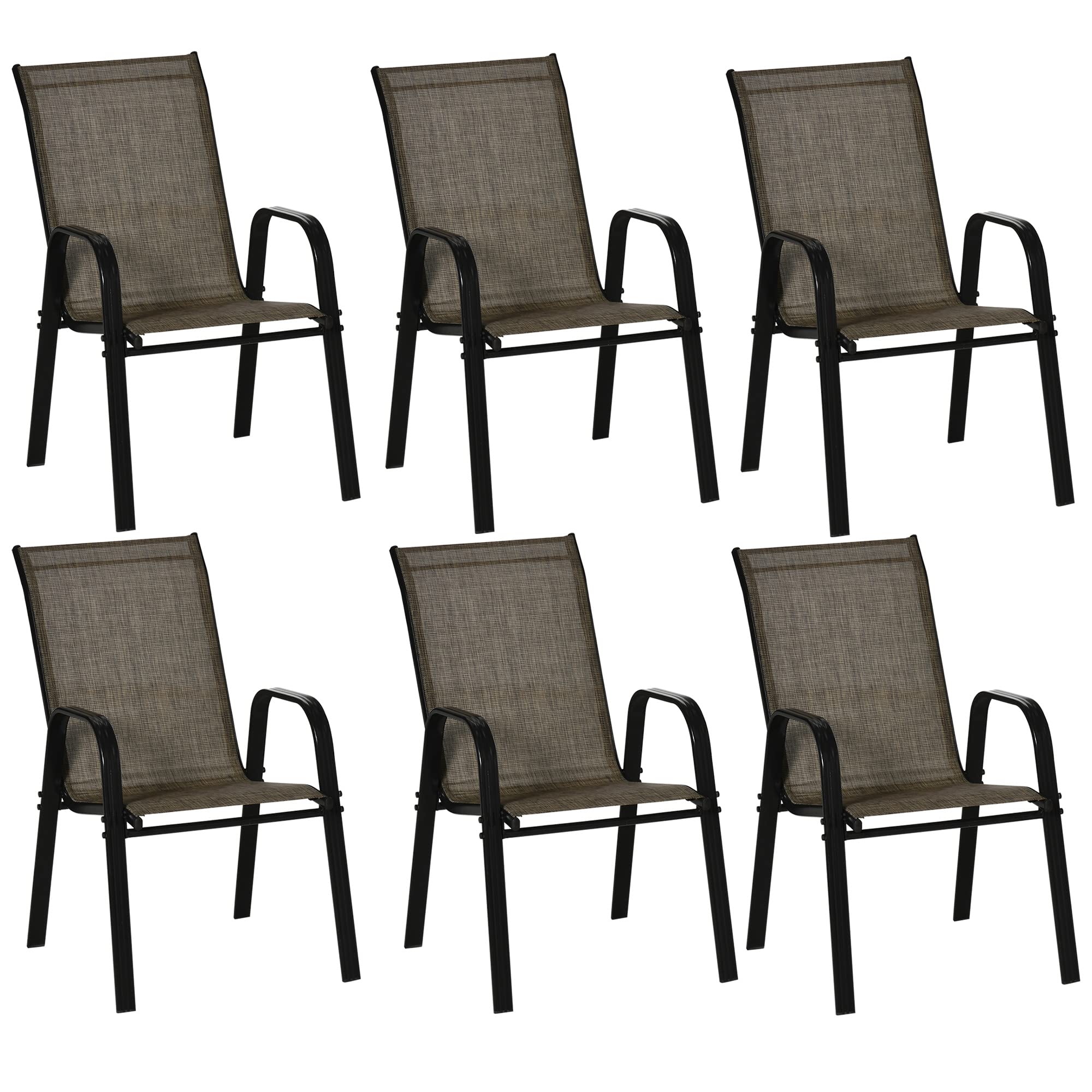 Outsunny Juego de 6 Sillas de Jardín Apilables para Ahorrar Espacio, Sillas de Exterior con Reposabrazos Metálicos y Tejido Transpirable, Marrón