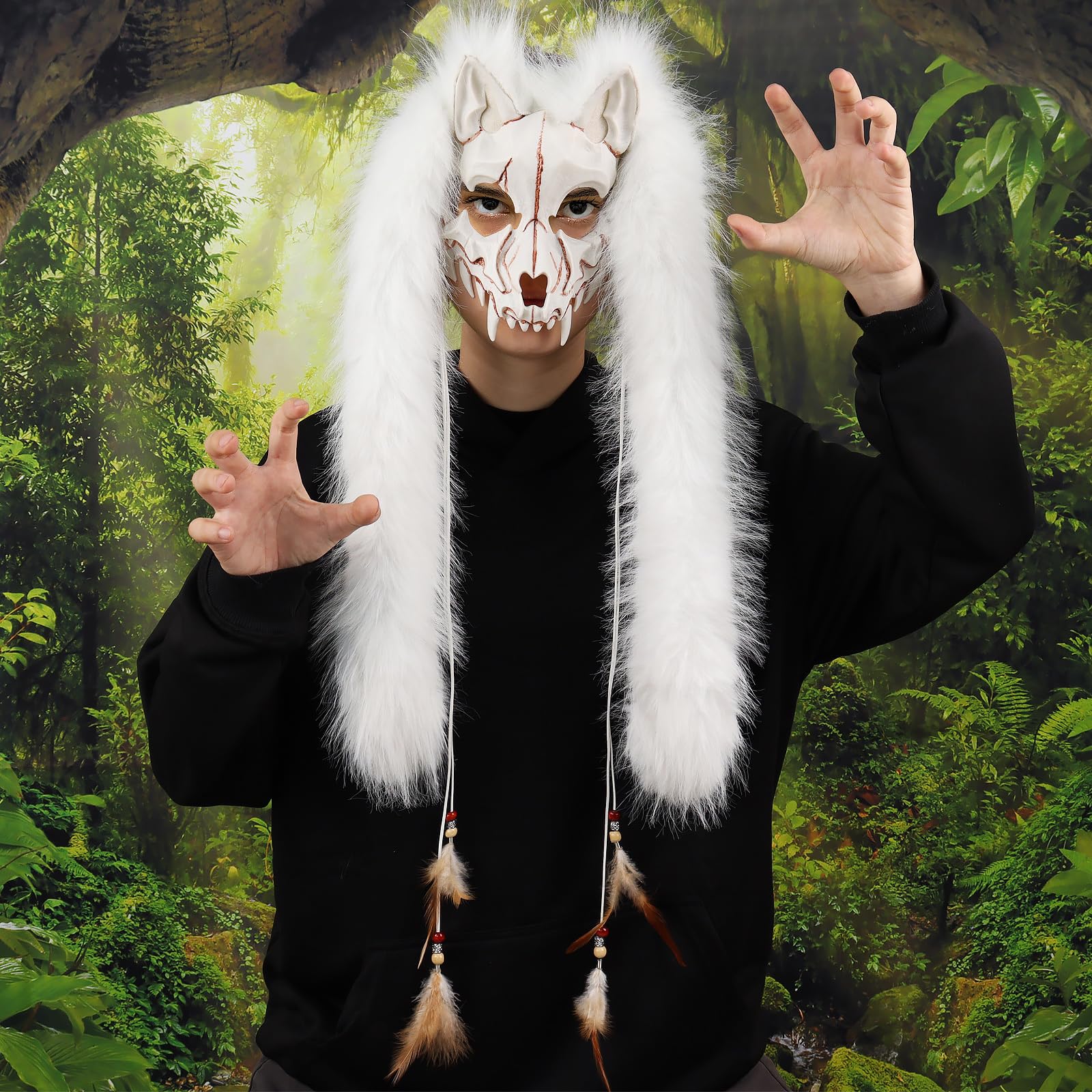Realistic Scary Animal Skull Mask Viking Faux Fur Fox Wolf Mask Werewolf Costume Barbarian Cosplay Headdress for Men Women Halloween Party Carnival (White) - Image 4