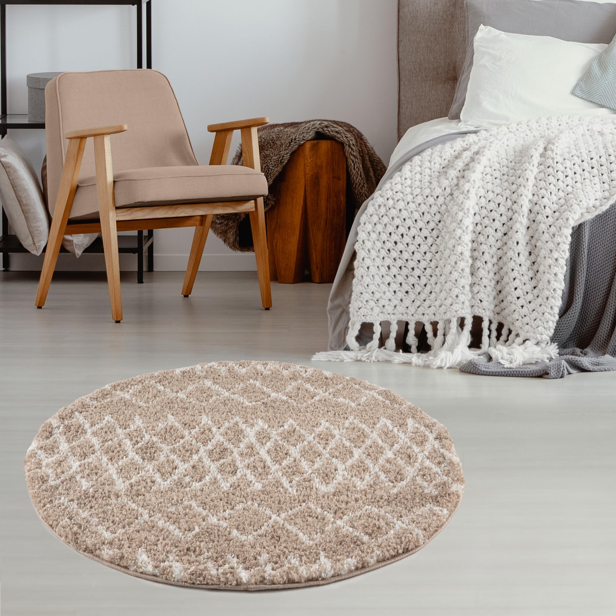 THE RUGS Soft Tangier Shaggy Rugs & Runners Beige & Ivory Living Room | Size: 120cm diameter