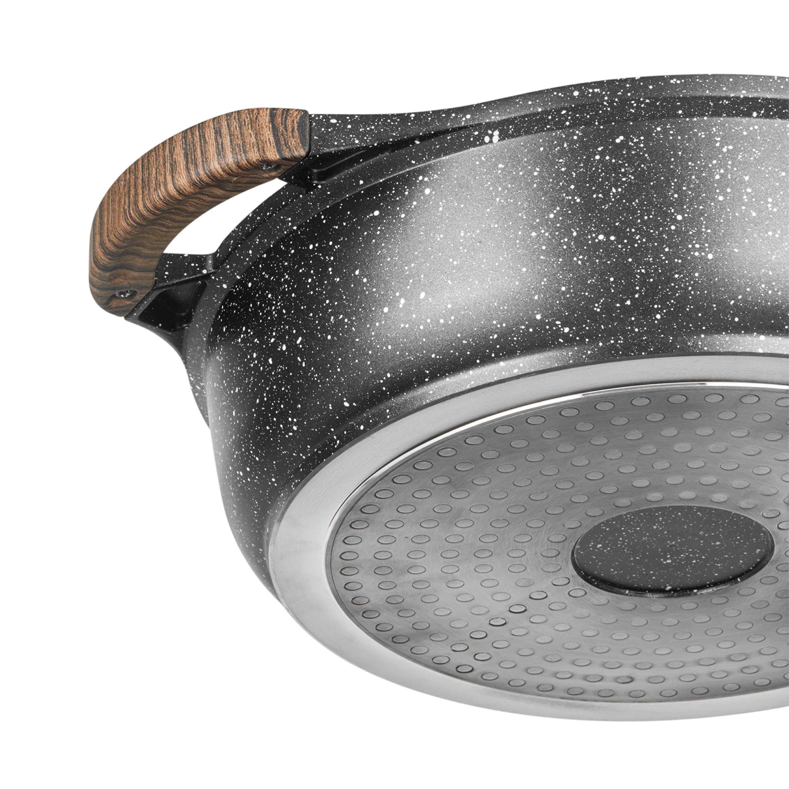 Sitram 716948 Sauteuse 2 compartiments Ø28 cm en fonte d’aluminium – Revêtement anti-adhérent sans PFOA effet pierre – Marmite Shabu avec couvercle en verre – Tous feux dont induction