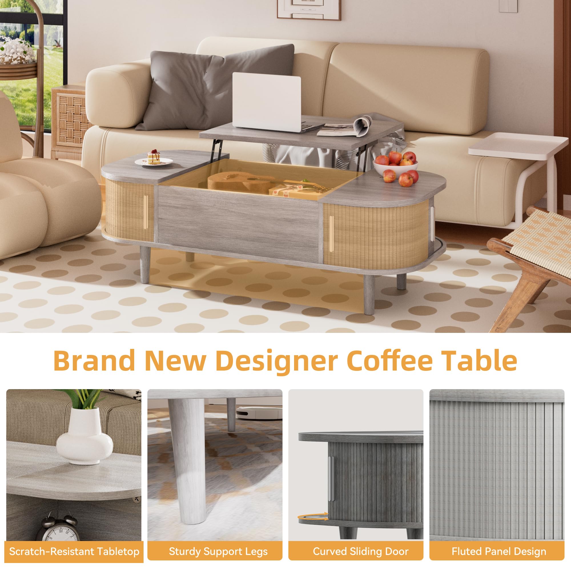 Couchtisch mit Hebeplatte – Moderner Holztisch mit Einzigartiger Textur & Verstecktem Stauraum, Kaffeetisch für Wohnzimmer, Schlafzimmer, Kleine Räume, Home Office