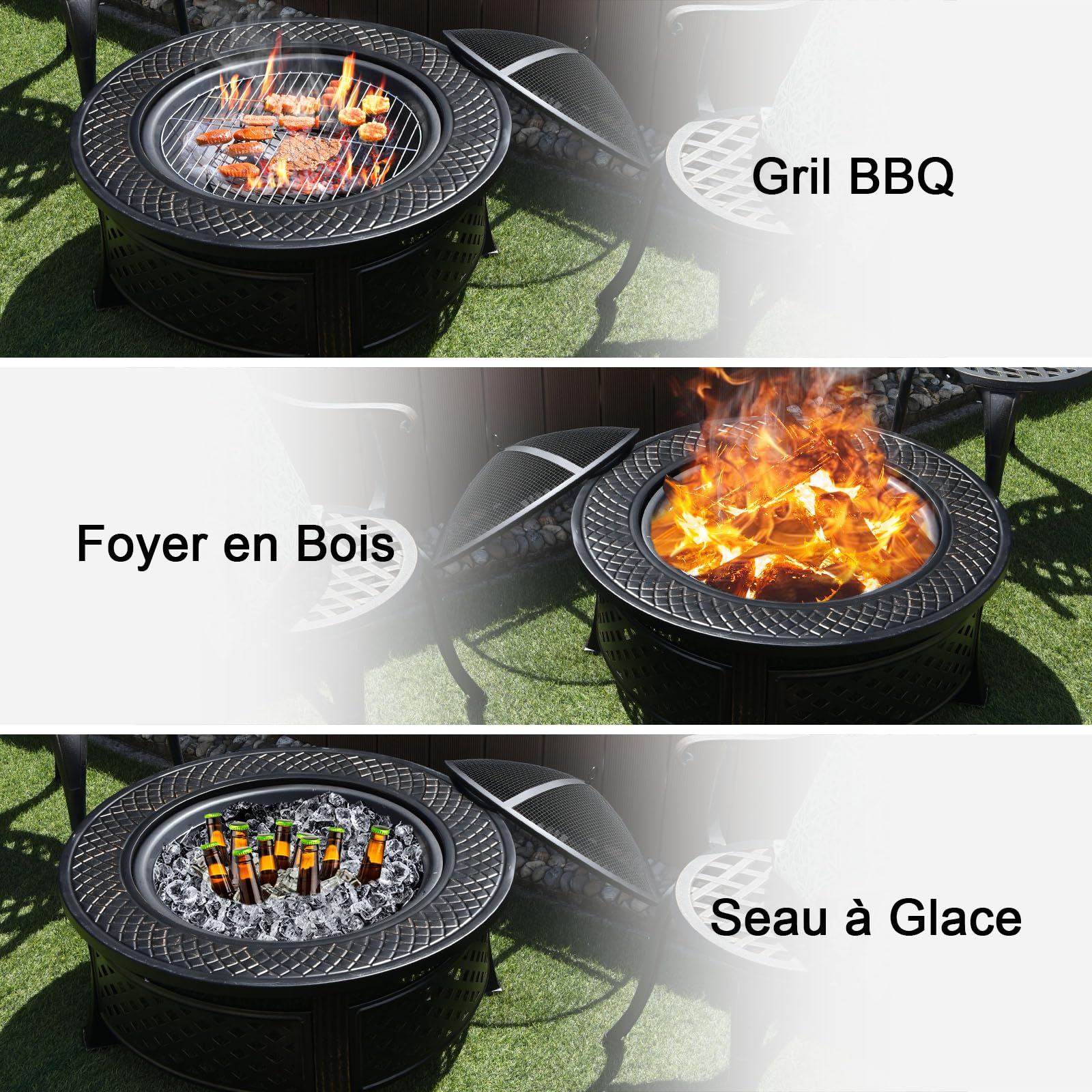 GOPLUS 3-en-1 Braséro Extérieur Jardin Rond, Foyer avec Grille de Barbecue, Pare-étincelles, Grille à Bûches, Poker, Housse Anti-Pluie, pour Extérieur Jardin, Patio, Camping, Pique-Nique,81 x 50 cm