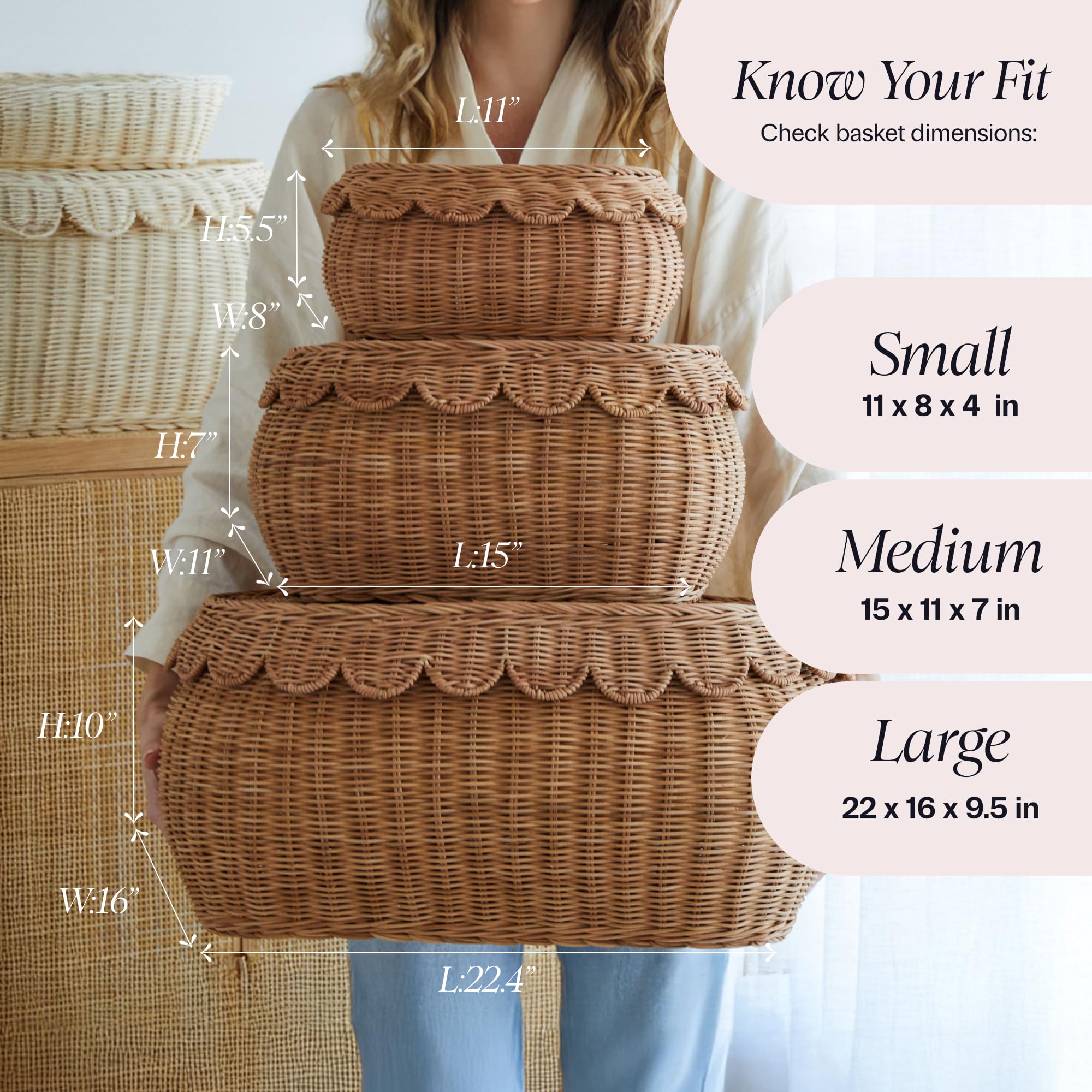 BEBE BASK Large Scalloped Basket Set Of 3 - Hand-Woven & Award-Winning Scallop Basket - XL - Extra Large for Blankets 22 x 16 x 10 In - Elegant Wicker With Scalloped Edge Lid (Mocca)
