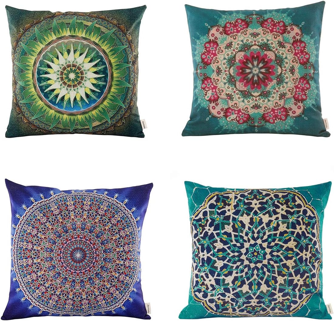 Jartinle Set of 4 Retro Floral Mandala Compass Medallion Bohemian Pillow Covers Boho Decor Hippie Throw Pillows Decorative for Sofa Couch 18 x 18
