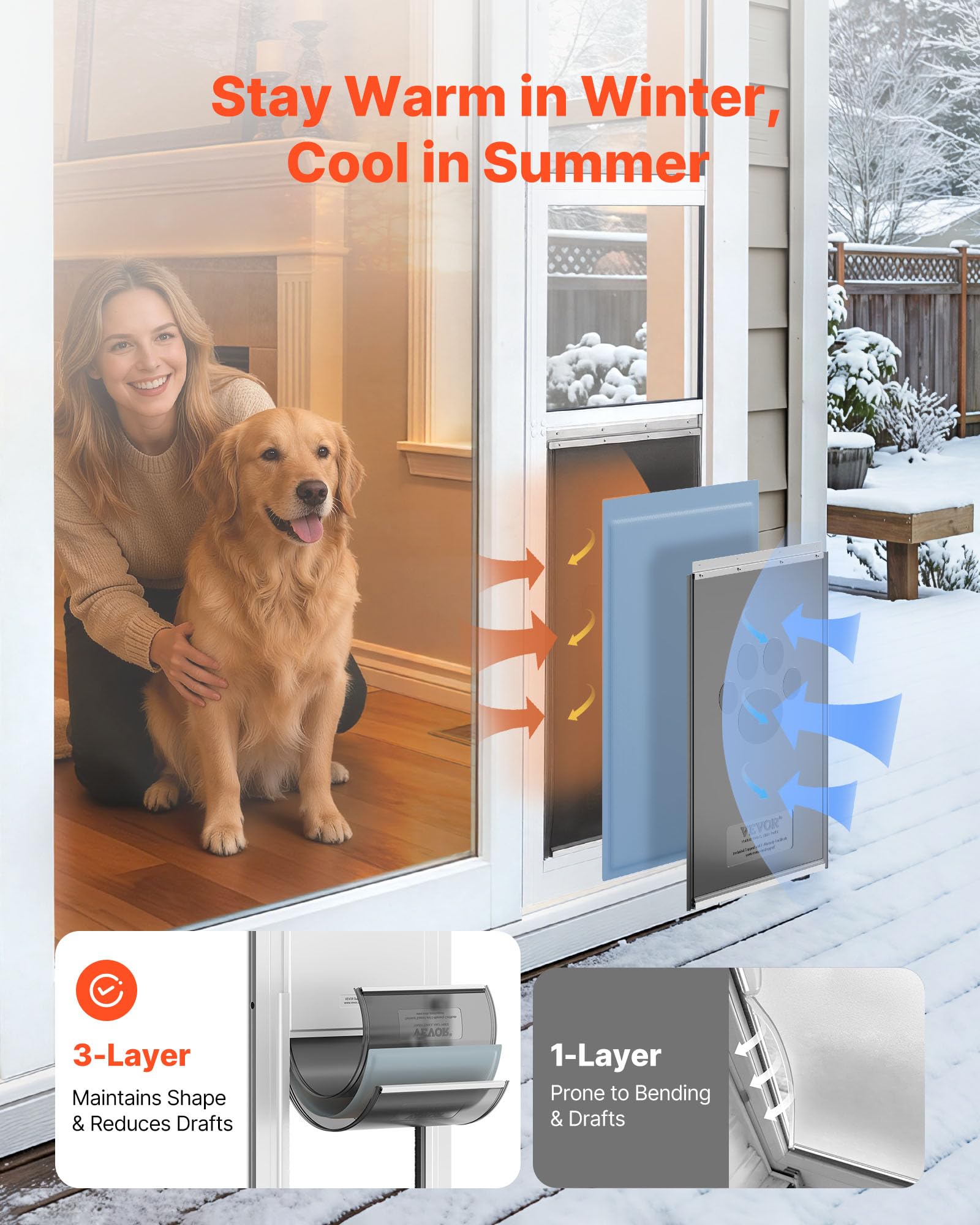 VEVOR Puerta Corrediza de Vidrio con Entrada para Perros, Altura Ajustable de 1927 a 2049 mm, Marco de Aleación de Aluminio, Puerta para Mascota 34,6 x 60 cm de 3 Capas, Compatible con Perros Grandes
