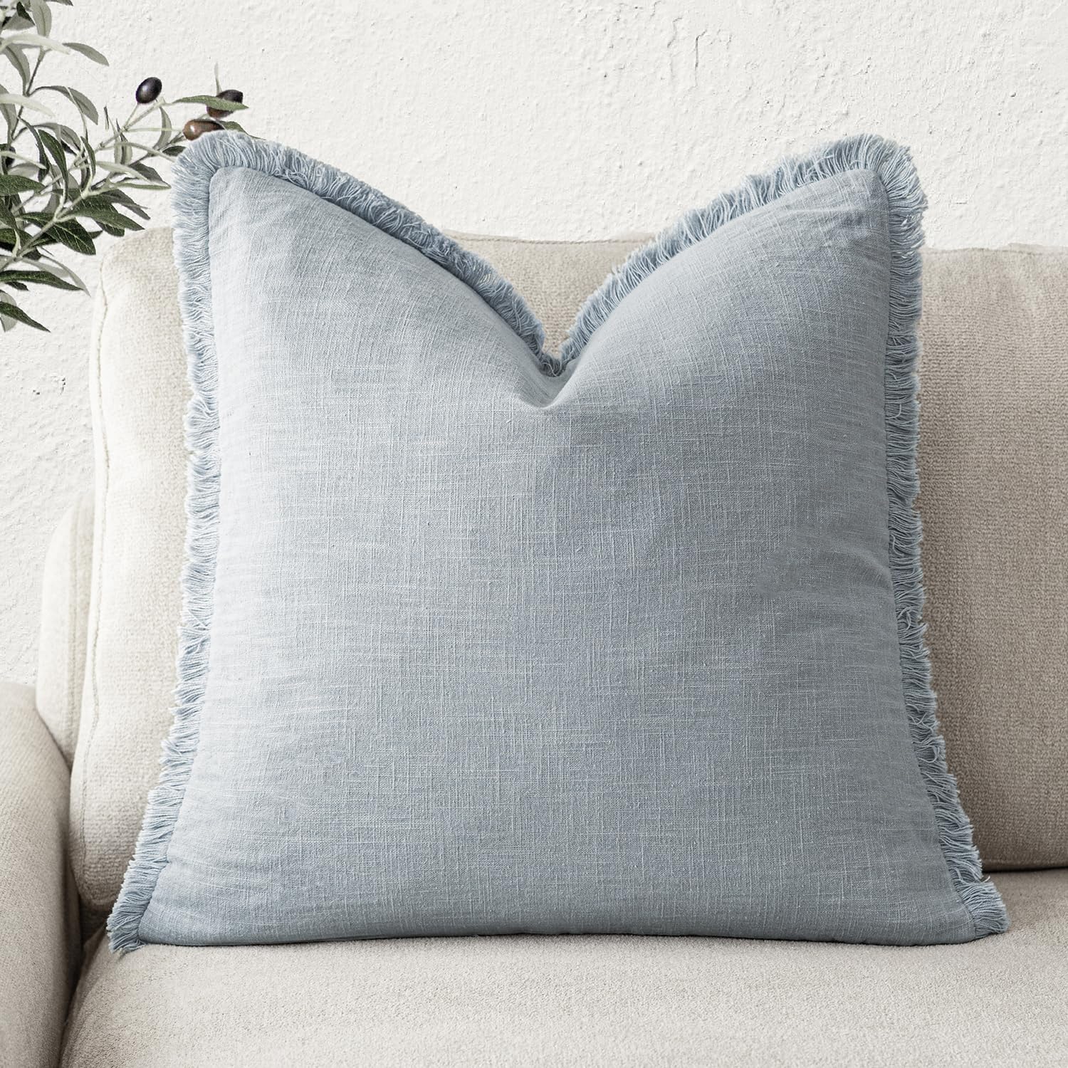 Foindtower Decorative Linen Fringe Throw Pillow Covers Cozy Boho Farmhouse Cushion Cover with Tassels Soft Accent Pillowcase for Chair Sofa Bed Living Room Home Decor, 22×22 Inch,1PC,Sky Blue