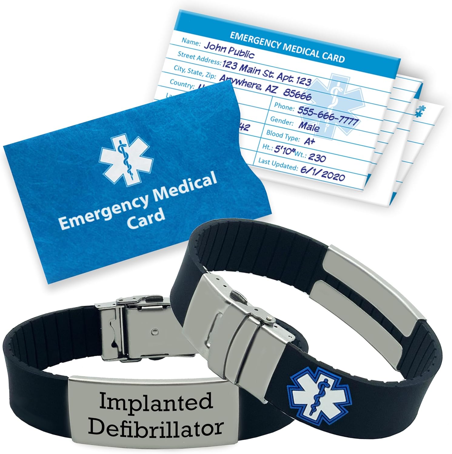 Universal Medical Data Medical Alert Bracelet - Emergency Alert Bracelet with Engraved Implanted Defibrillator ID for Men and Women, Silicone Band with Stainless Steel Plate, Secure, Adjustable Fit