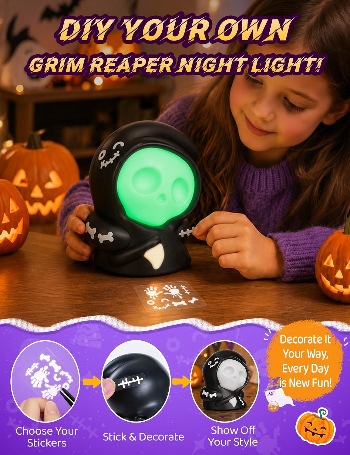 Halloween Decorations, Grim Reaper Night Light, Halloween Toys, Skull Decor image 2