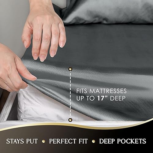 Miniatura 5 de Martex Juego de sábanas de seda satinada de 4 piezas tamaño matrimonial, 1 sábana bajera, 1 sábana encimera y 2 fundas de almohada, calidad de