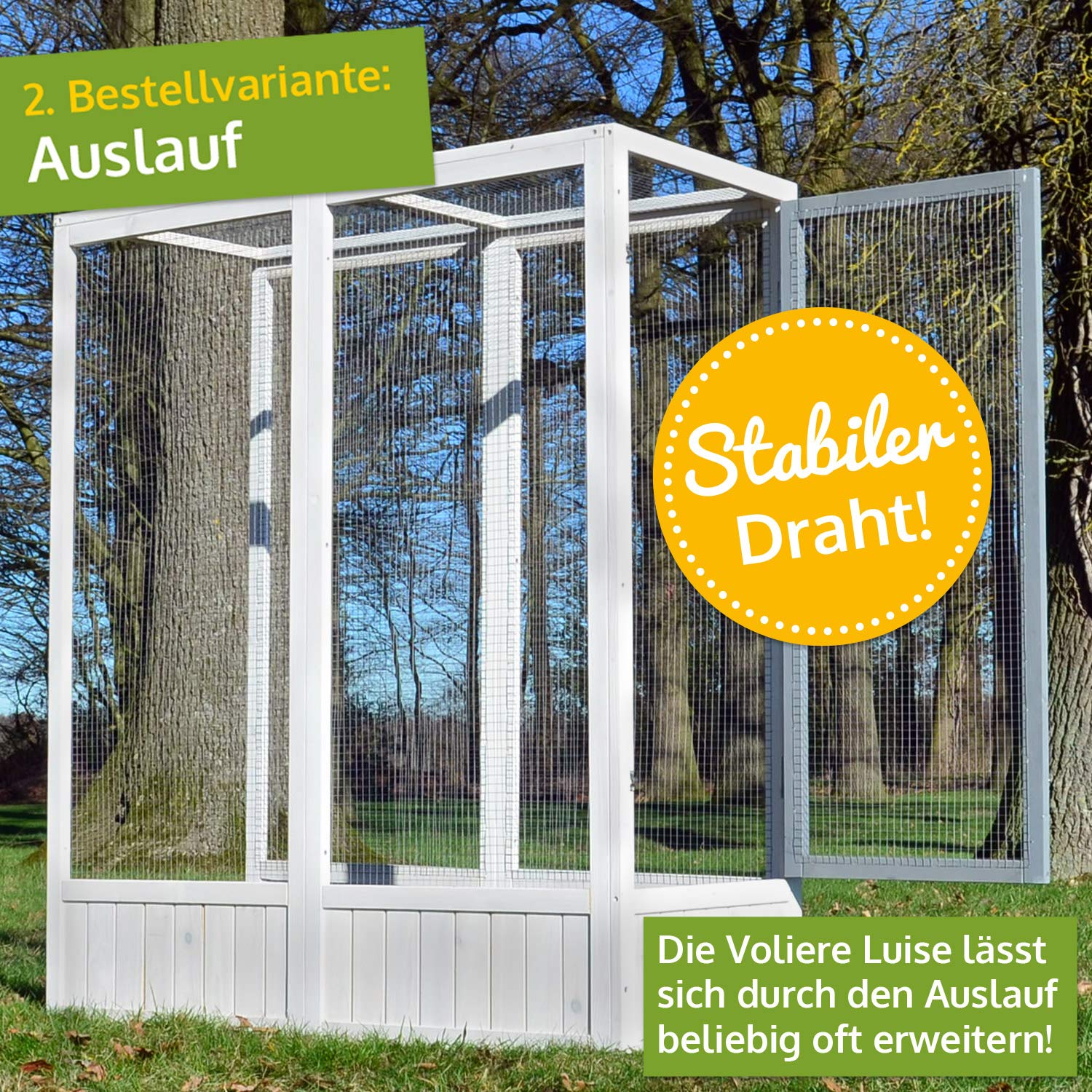 zooprinz Premium XXL Vogelvoliere mit Sitzstange – aus hochwer-tigem Vollholz und verzinktem Draht – witterungsbestän-dig und langlebig – Auslauf erweiterbar (Auslauf)