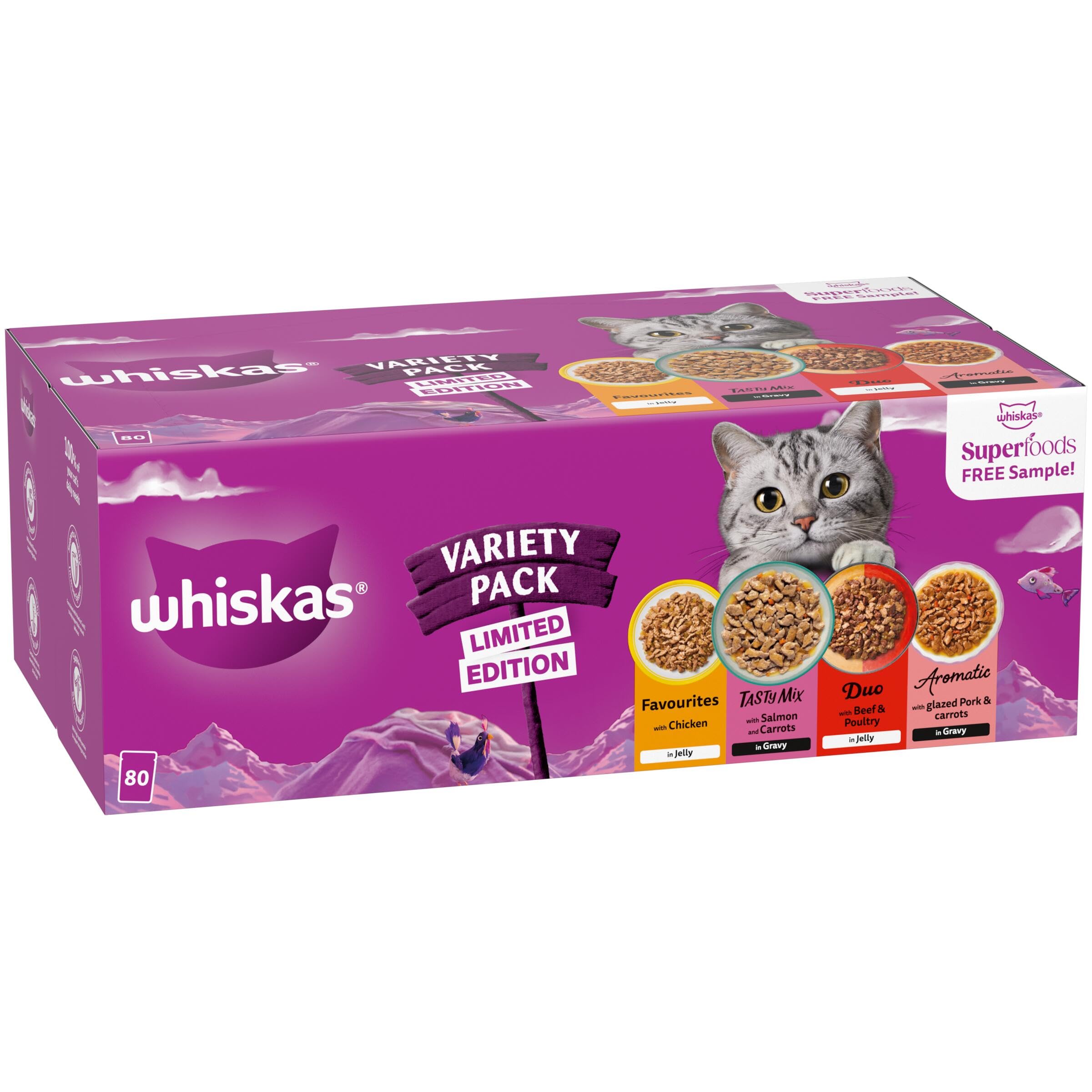 WHISKAS 1+ Adult Wet Cat Food Limited Edition Variety Pack, Mixed Pouches in Gravy and Jelly 80 x 85g