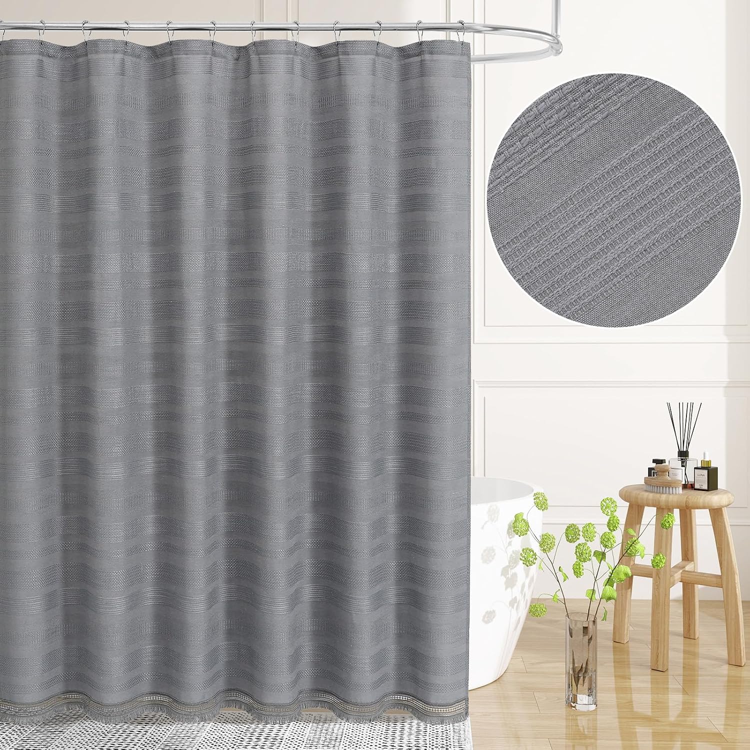 Boho Farmhouse Shower Curtain Set with Tassel, Linen Bohemian French Country Chic Bathroom Shower Curtain Set, Modern Striped Textured Shower Curtain 72x72 - Light Grey