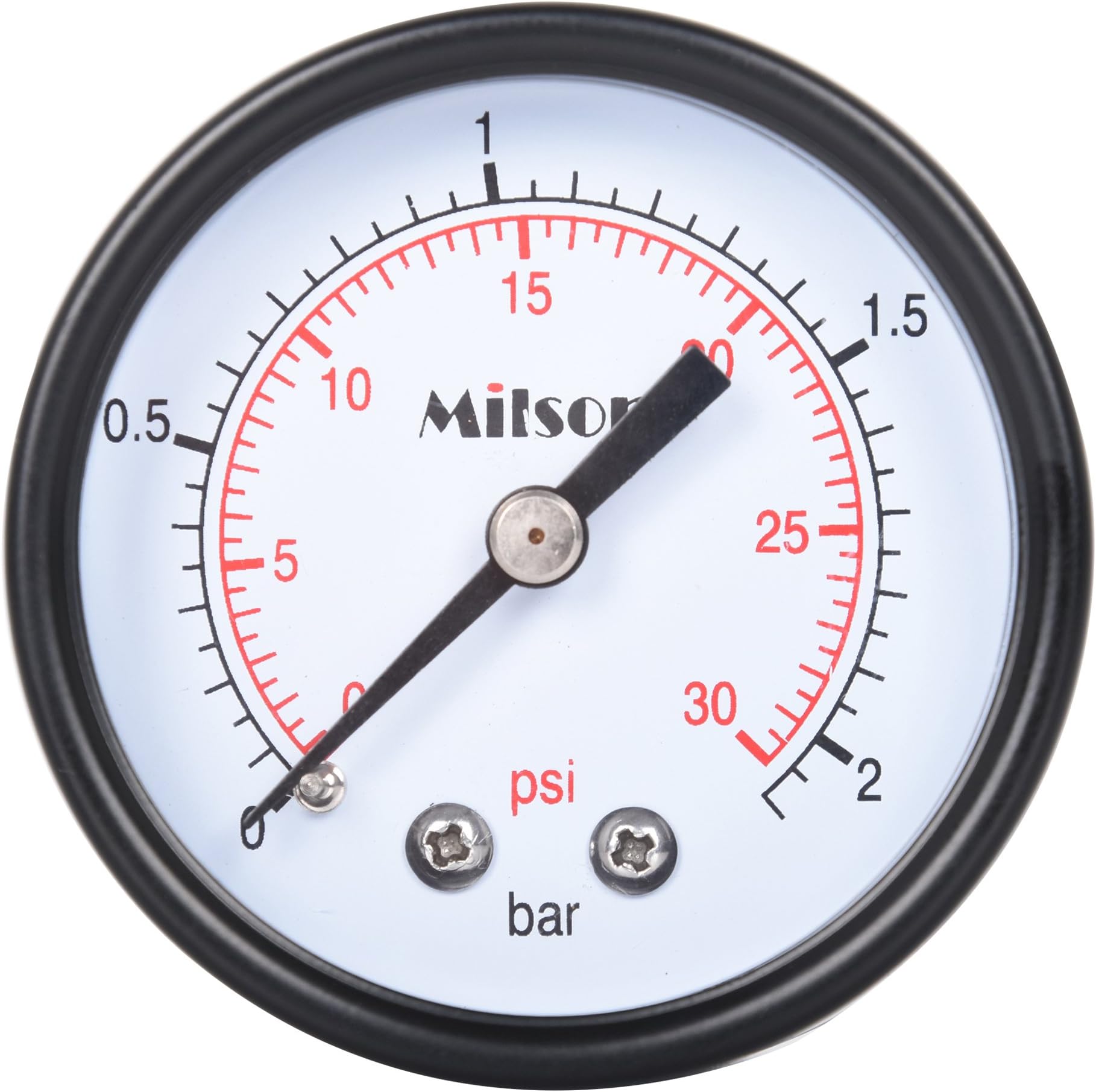 Milson Pressure Gauge, 2" Black Steel Case, Back Mount, 1/4"NPT, 0+30 Psi/Bar, Accuracy: +/-2.0, Brass Internal, Multiple Function