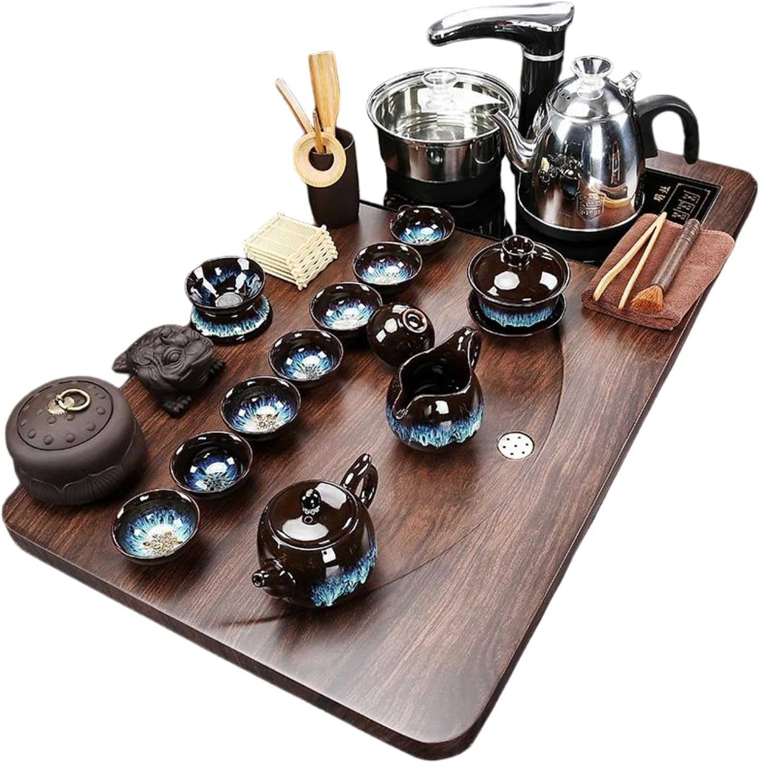 MOYEE Chinese Gongfu Tea Set,Home,Gifting and Office 套装家用茶盘 Chinese Gongfu Tea Tray Fully Automatic Tea Set,全自动烧水一体现代简约 Solid Wood Tea Tray 实木泡茶台办公中号 A1885