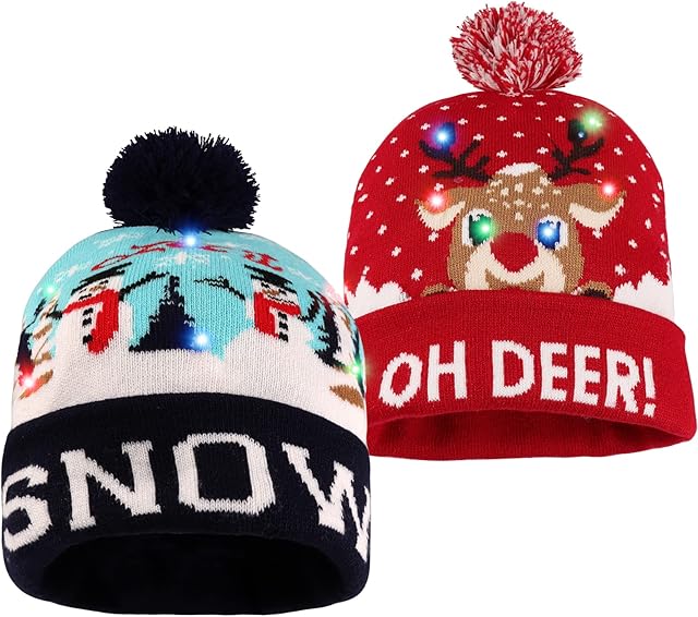 JOKBEN 2PCS LED Christmas Hats, LED Light Up Christmas Hat, Light Up Knitted Santa Hat, Light Up Xmas Hat - Christmas Hats New Year Party Hats for Kids, Adults