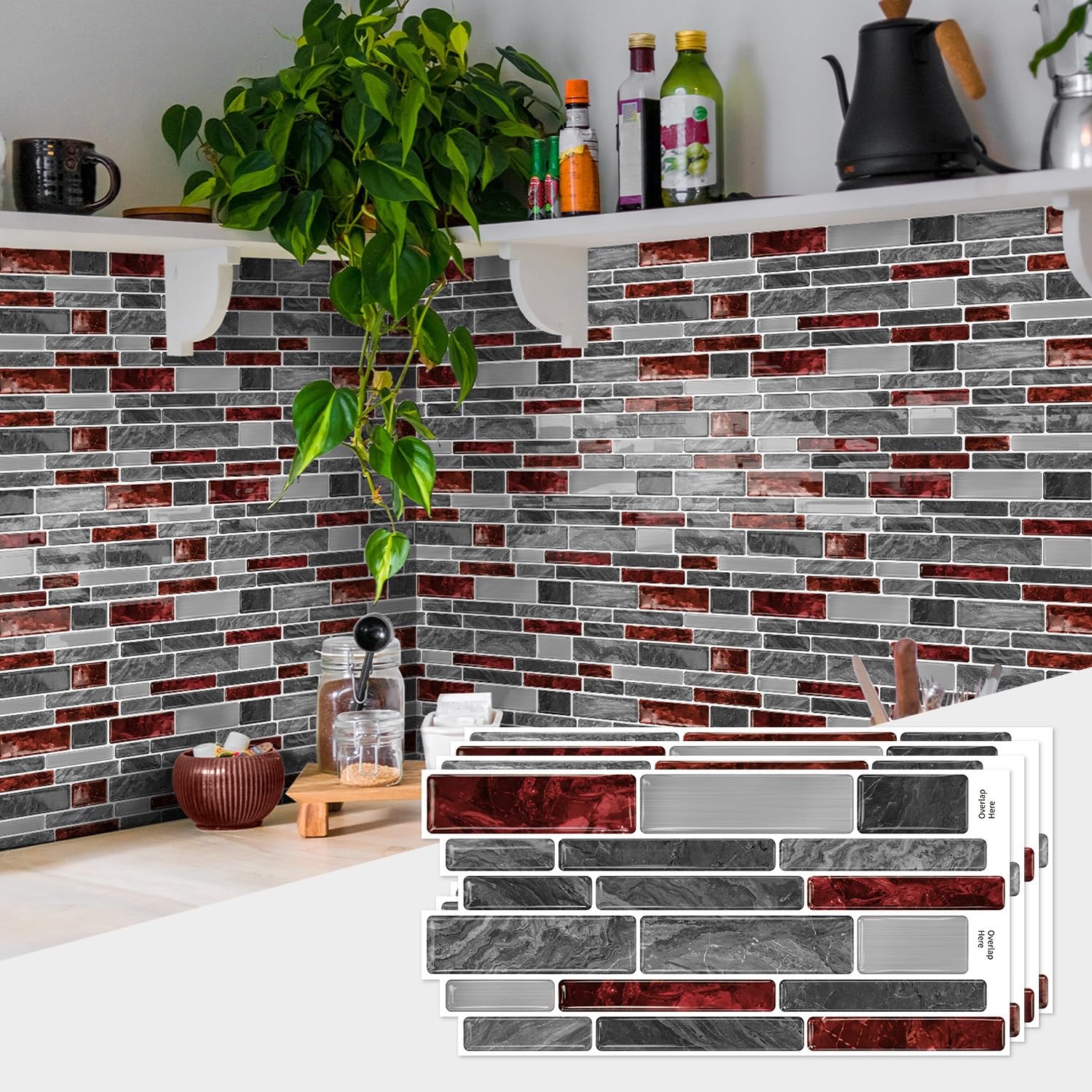 Sohouu 48Pcs 3D Tile Wall Stickers Waterproof Oil Proof Self Adhesive Decals(48Pcs)