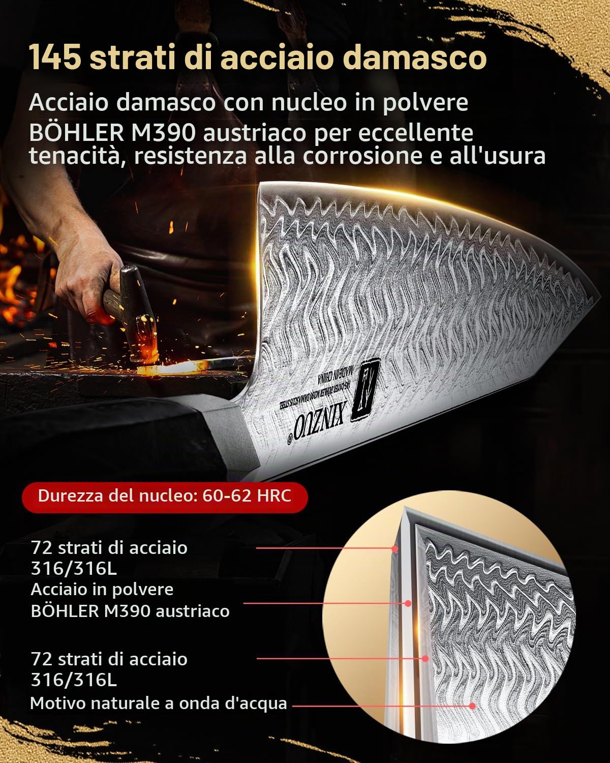 XINZUO 21,5cm Coltello da Cuoco Acciaio Damasco a 145 Strati Forgiato a Mano Professionale Coltello da Chef da Cucina -Acciaio in Polvere M390 Austriaco -Manico in Resina di Fibra di Carbonio Nera