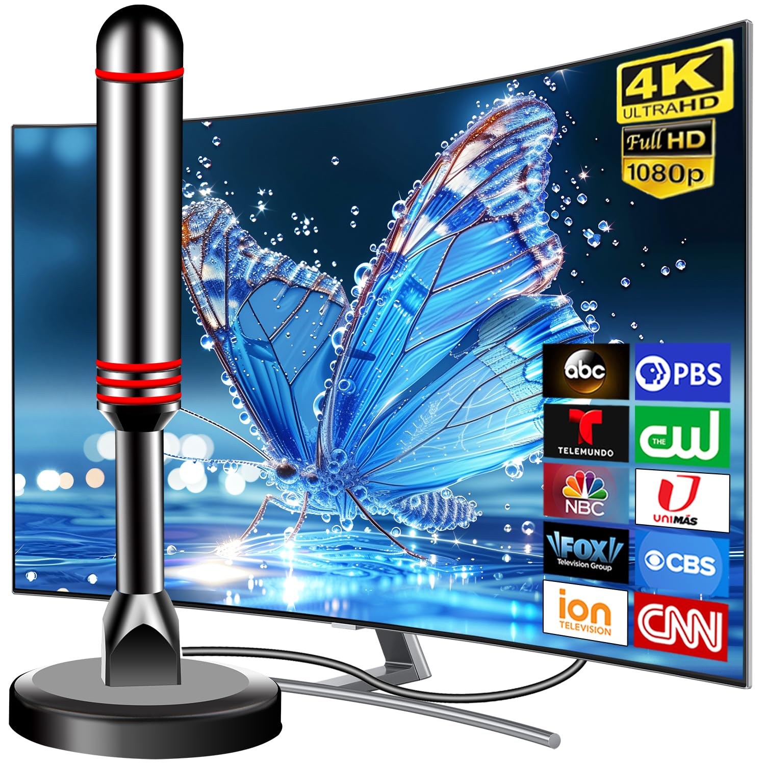 Antena de TV para Smart TV interior, antena de TV digital 2024 para interiores con base magnética fuerte 360° y recepción de largo alcance para canales locales, antena de fácil instalación para TV sin