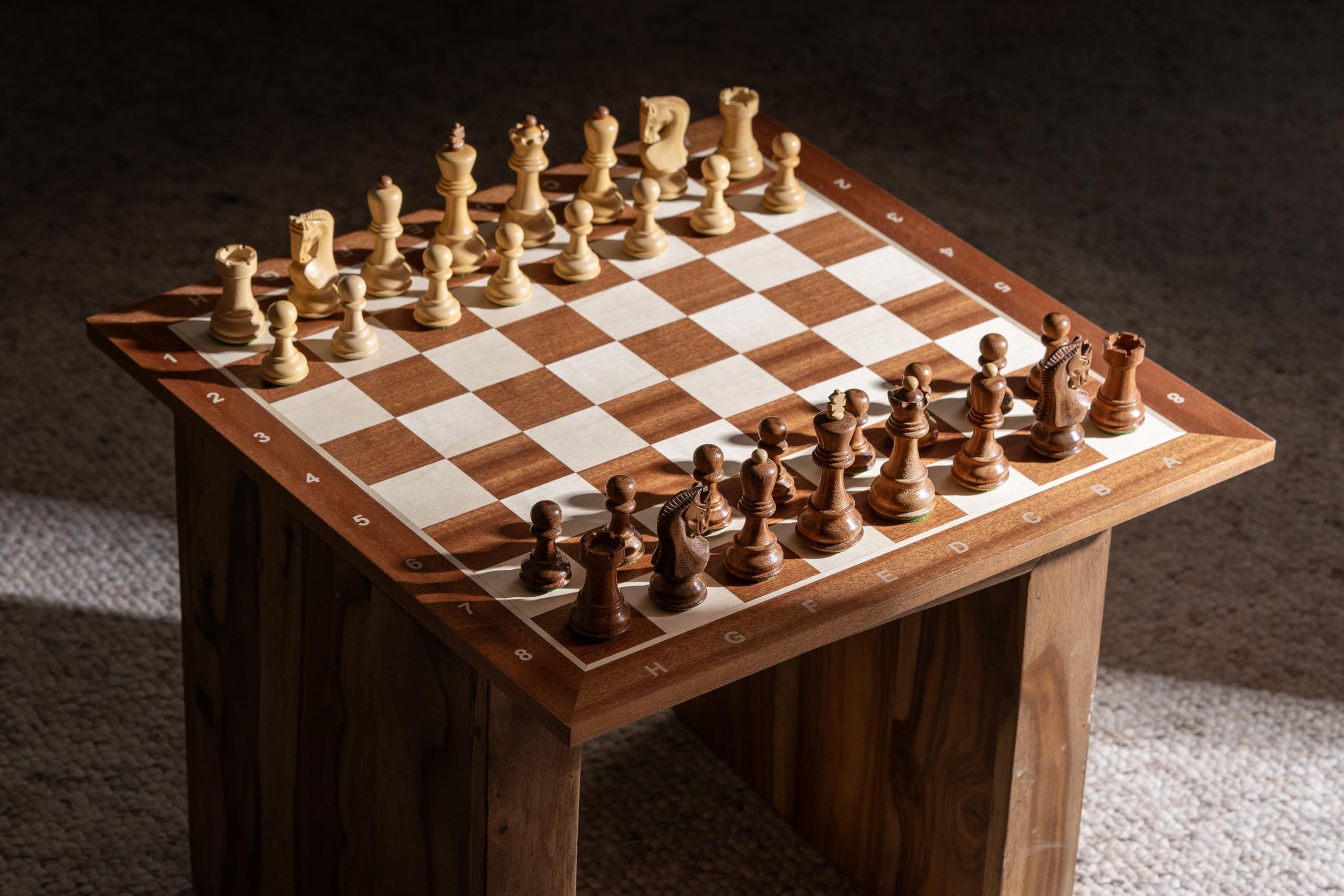 Sunrise Chess Schachbrett Nr. 5 Mit Beschreibung Mahagoni/Bergahorn Intarsien Turnier-Vorstand Elegantes Design Geschenkidee Ideal für mittlere Figuren Feldmaße: 50 mm