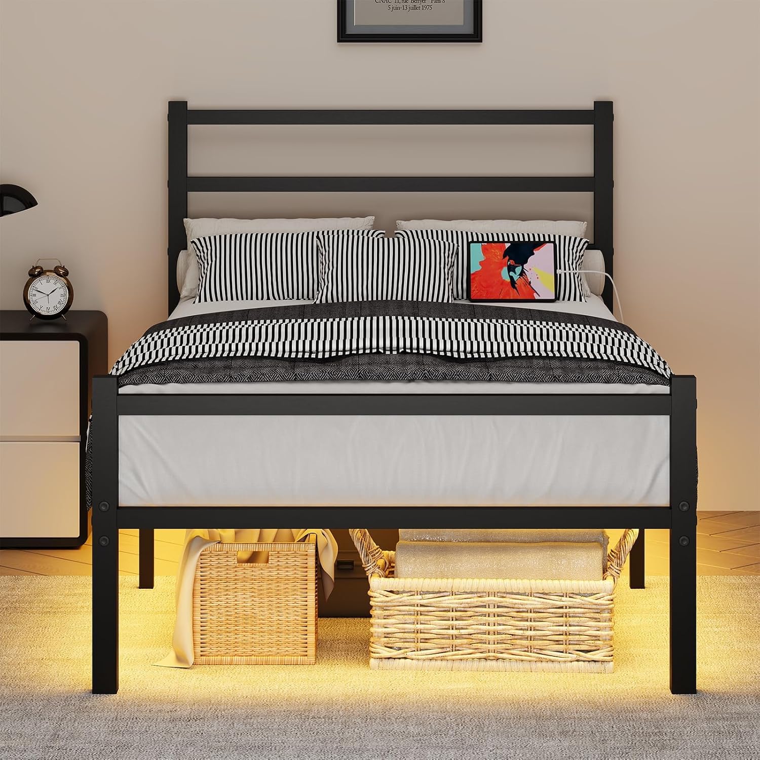 Twin Bed Frame with Charging Station & LED Lights, Black Metal Platform Bed Frame with Heavy Duty Steel Slats, Headboard and Footboard, Noise Free, Easy Assembly - Image 8