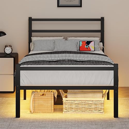 Miniatura 8 de Base de cama individual con estación de carga y luces LED, marco de cama de plataforma de metal negro con listones de acero resistente, cabecero y