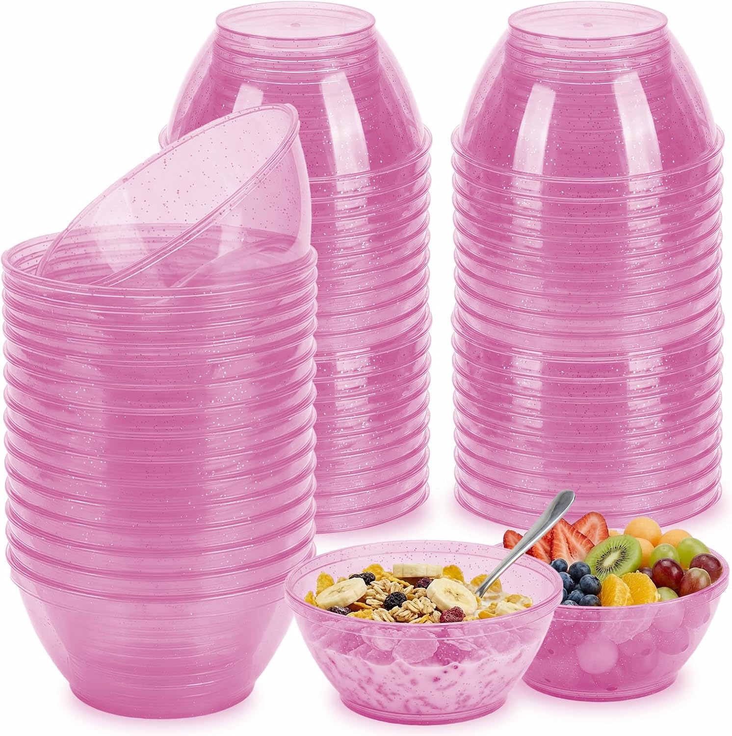 50 Pack 6oz Glitter Pink Disposable Plastic Bowls ,Glitter Small Bowls for Ice Cream, Candy, Soup, Salsa, Fruit. Great for Parties Birthday Valentine Day Weddings Baby Showers Holiday Events.(Pink)