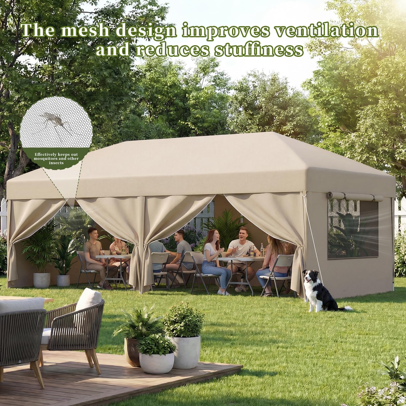 JUMMICO Gazebo 3x6 Pieghevole Impermeabile｜Zanzariera Arieggiata Anti-Insetti｜Robusto, Durevole, Impermeabile e Anti-UV｜Installazione e Rangement Rapidi｜Ideale per Cortile, Campeggio e Altro｜Beige