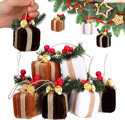 Panelee 12 mini cajas de regalo para árbol de Navidad, adornos de terciopelo para árbol de Navidad, decoración de regalo vintage con campanas para