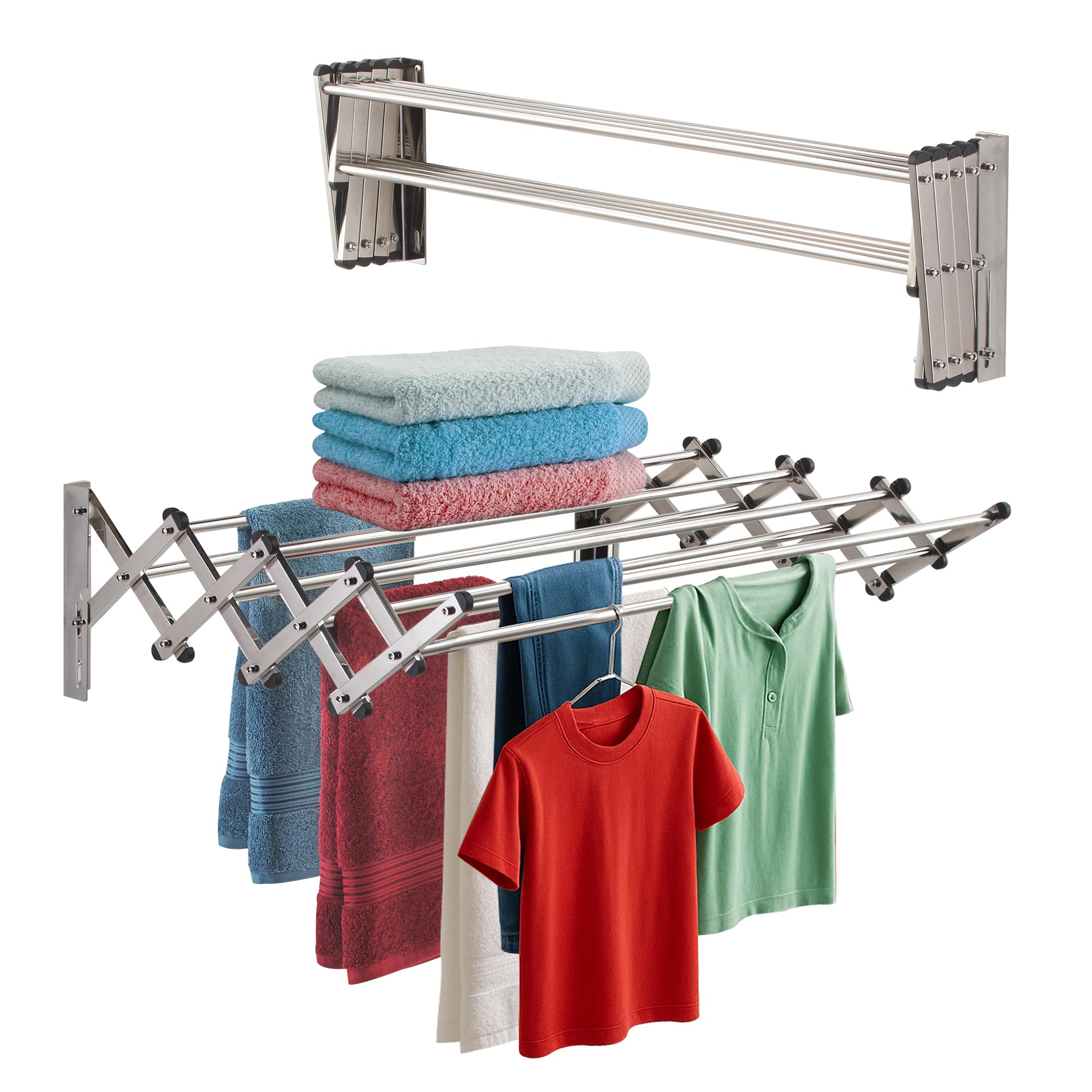 Smartsome | Wall Mounted | Clothes Drying Rack | 34" Wide | 22.5 Linear Feet Capacity | 8 Smooth Round Stainless Steel Rods | 60 lb Capacity | Fully Assembled | Compact Sturdy Space-Saving Design