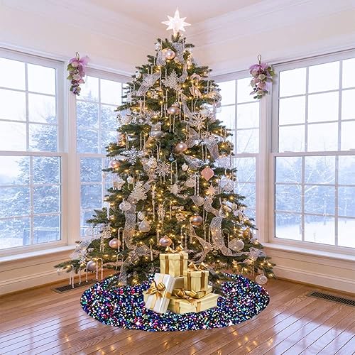 Miniatura 4 de Falda pequeña para árbol de Navidad de 21 pulgadas, falda de árbol de arco iris para árbol delgado, falda de árbol de lentejuelas, falda de árbol de