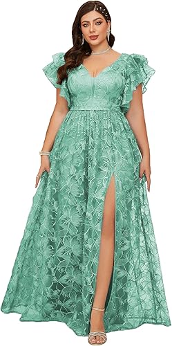 MIMIFINA Women's Plus Size V Neck Ruffled Sleeve Embroidered Lace Maxi Dress with High Slit Formal Evening Gown for Weddings