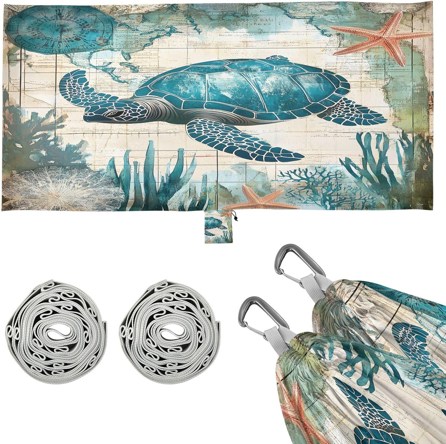 ALAZA Sea Turtle Age of Sail Camping Hammocks Single or 2 Person 500 lbs Portable Parachute Travel Hammock w/Tree Straps for Hiking Backpacking Indoor Outdoor