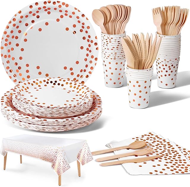 Nkaiso Party Tableware 141 Pieces Rose Gold Paper Tableware Set Includes Paper Plates Napkins Cups Knives Forks Spoons for Wedding Shower Engagement Wedding Birthday (20 Guests)