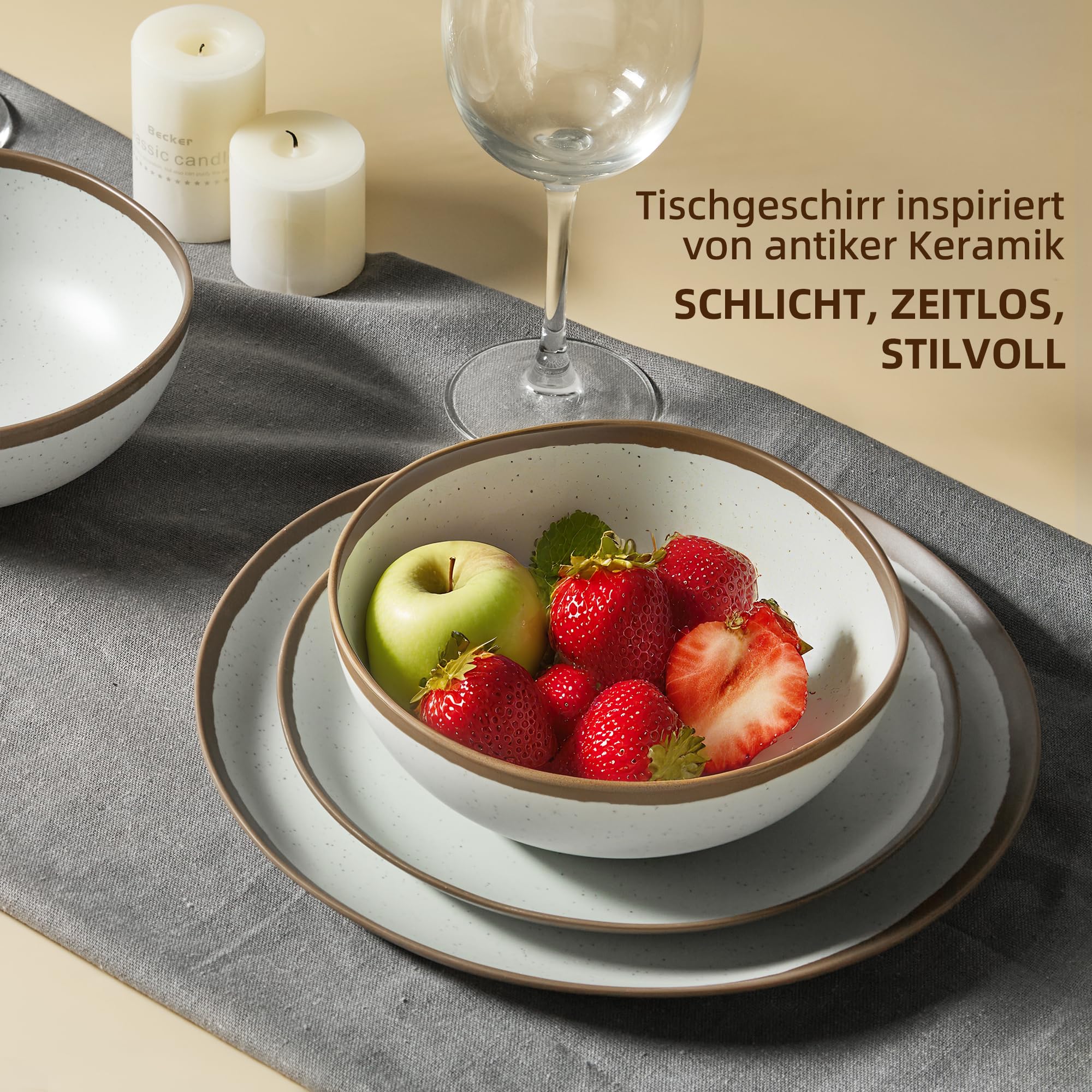 Melamin Geschirr Set 6 Personen,Camping Teller Set, Spülmaschinenfest Essgeschirr Set, Ideal für Outdoor,Wohnwagen & Gartenparty (Brauner Rand)
