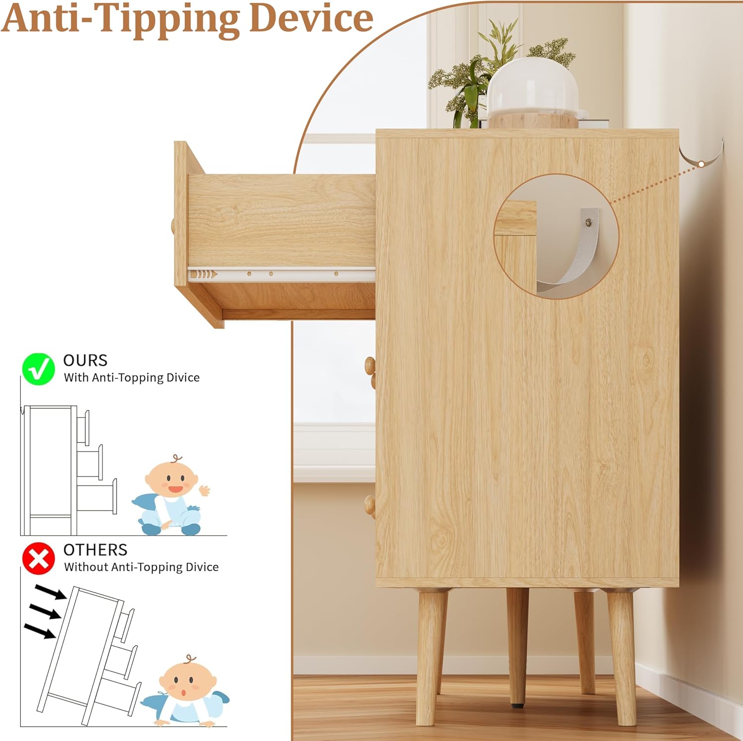 Rattan 6 Drawer Dresser for Bedroom, 47.3" Wide Dresser Chest of Drawers, Boho Wood Dresser TV Stand with Wood Handles, Storage Dressers Closet Organizer for Living Room Hallway, Natural Oak