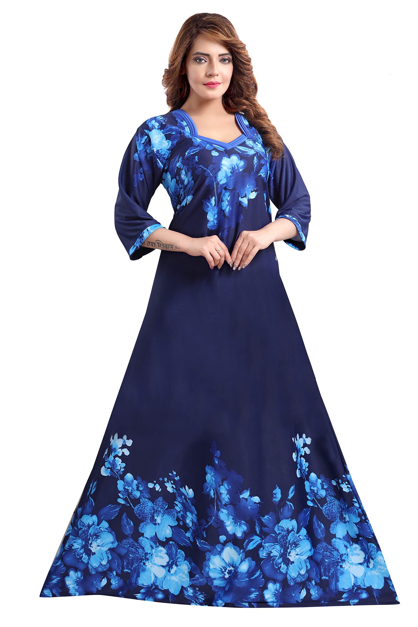 FabmeWomen's Printed Flare Nighty with Long Sleeves/Night Gown/Nightwear/Maxi (Naavy Blue, Red)