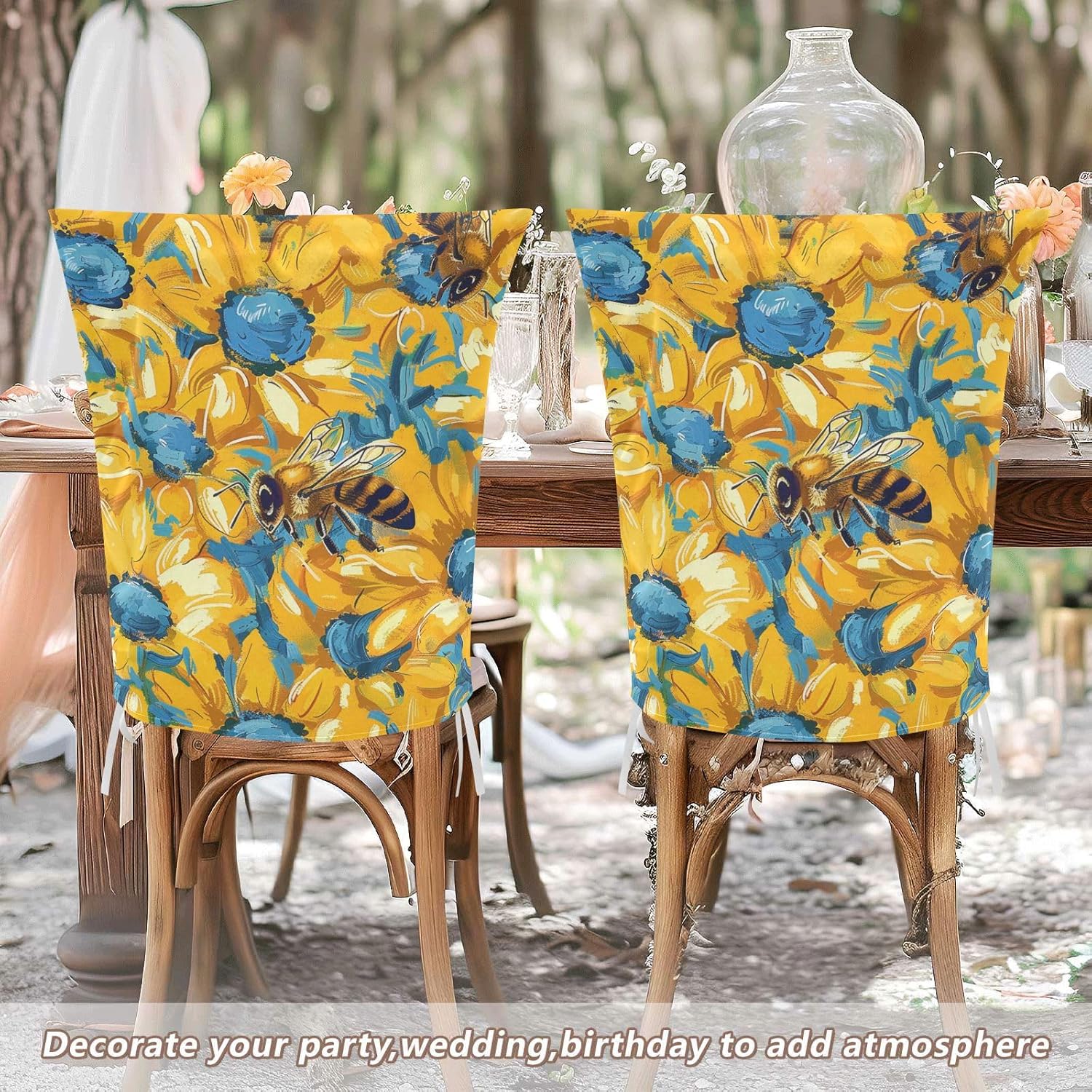 ALAZA Bright Flowers Bee Chair Back Cover Set of 6, Washable Reusable Removable Chair Slipcovers Decorative Chair Cover for Home Kitchen Wedding Party