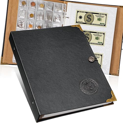 Coin Collecting Holder Album with 150 Coin Pockets and 240 Paper Currency Pockets, PU Leather Coins Collection Holder Penny Currency Storage Book