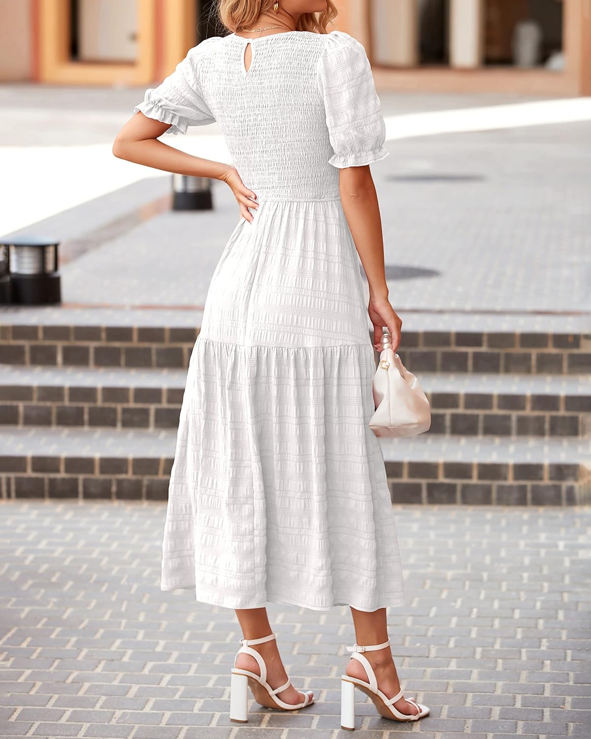 dowerme Womens Summer Dresses 2026 Casual Puff Short Sleeve Crewneck Smocked Flowy Ruffle Boho Beach Party Maxi Sundress - Image 5