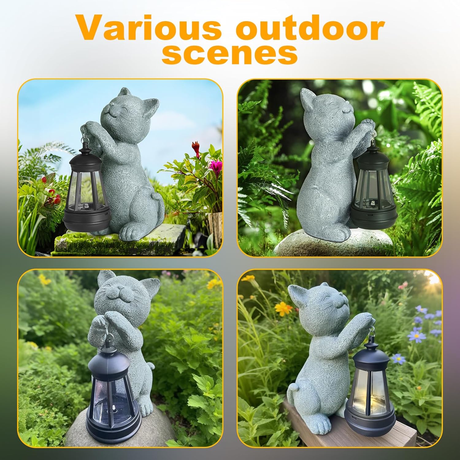 Solar Cat Garden Statue with LED Light - Cute Cat Figurine for Outdoor Decor, Weatherproof Resin Night Light for Yard Patio Lawn, Gift for Cat Lovers Women Mom Grandma - Image 3