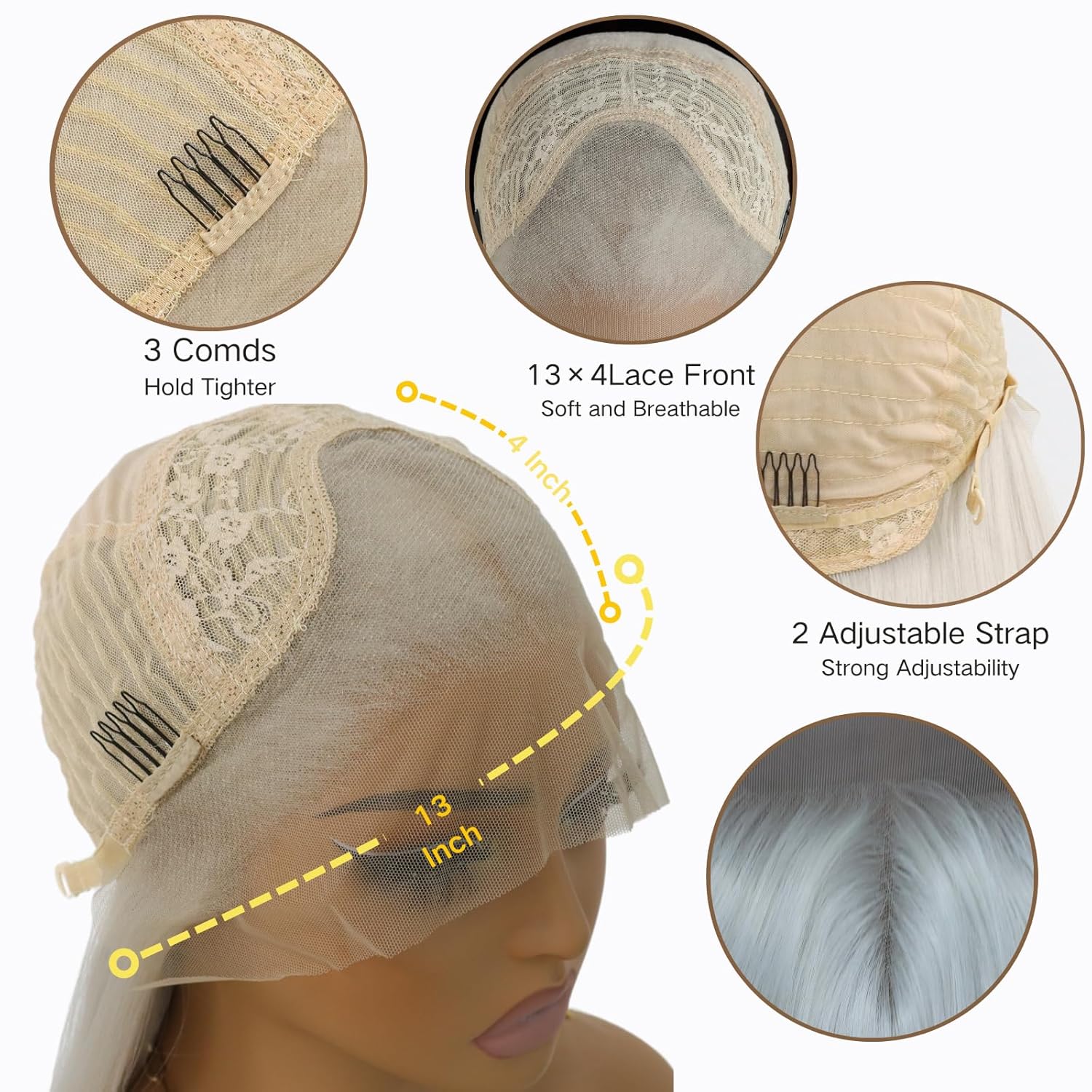 Platinum White Long Straight Synthetic Wig 13×4 Lace Front Wigs For Women Long Platinum White Cosplay Wig Glueless Comfortable Breathable Mesh Cap Synthetic For Party Dates (24Inchs)